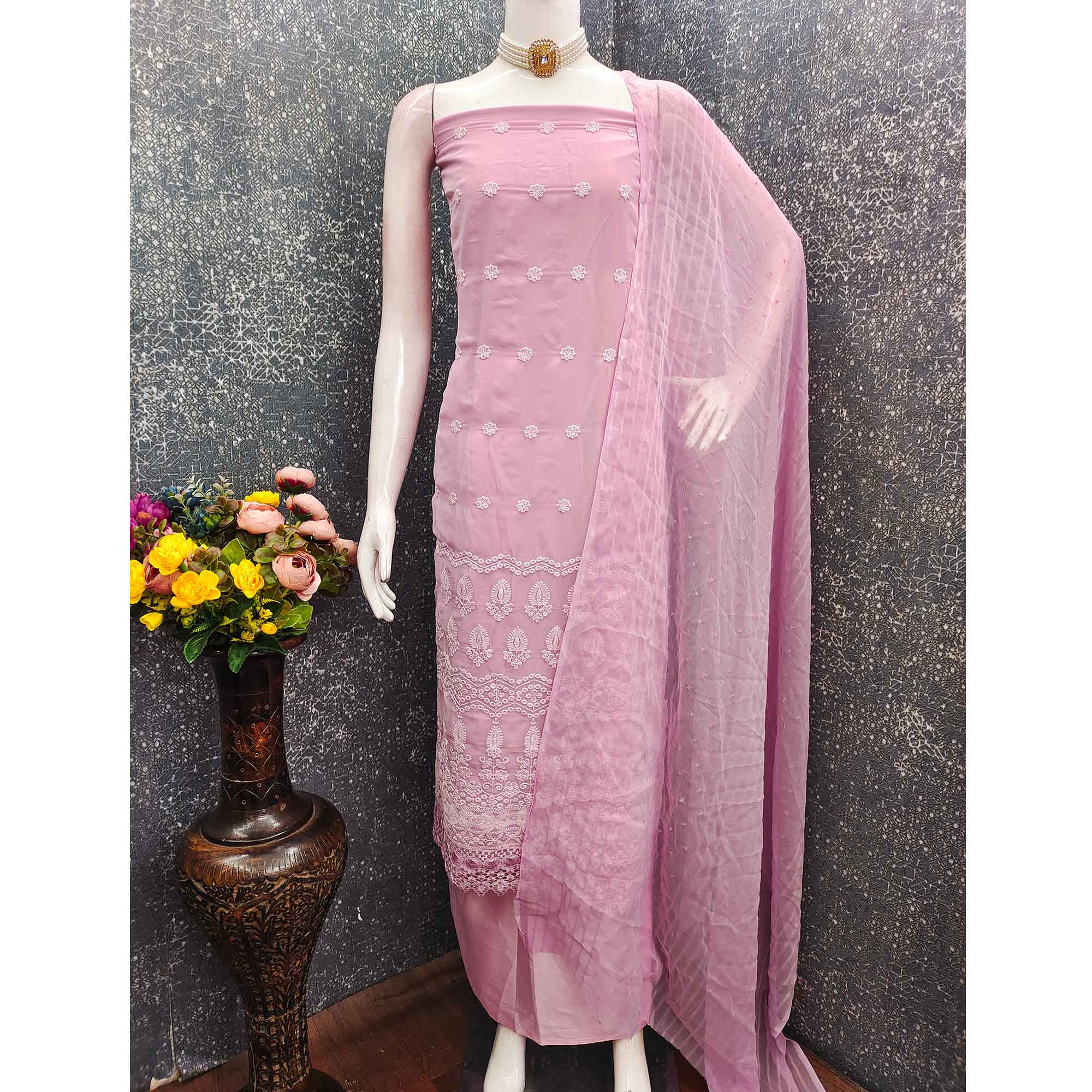 Stunning Baby Pink Floral Embroidery With Sparkling Sequins Work Georgette Dress Material