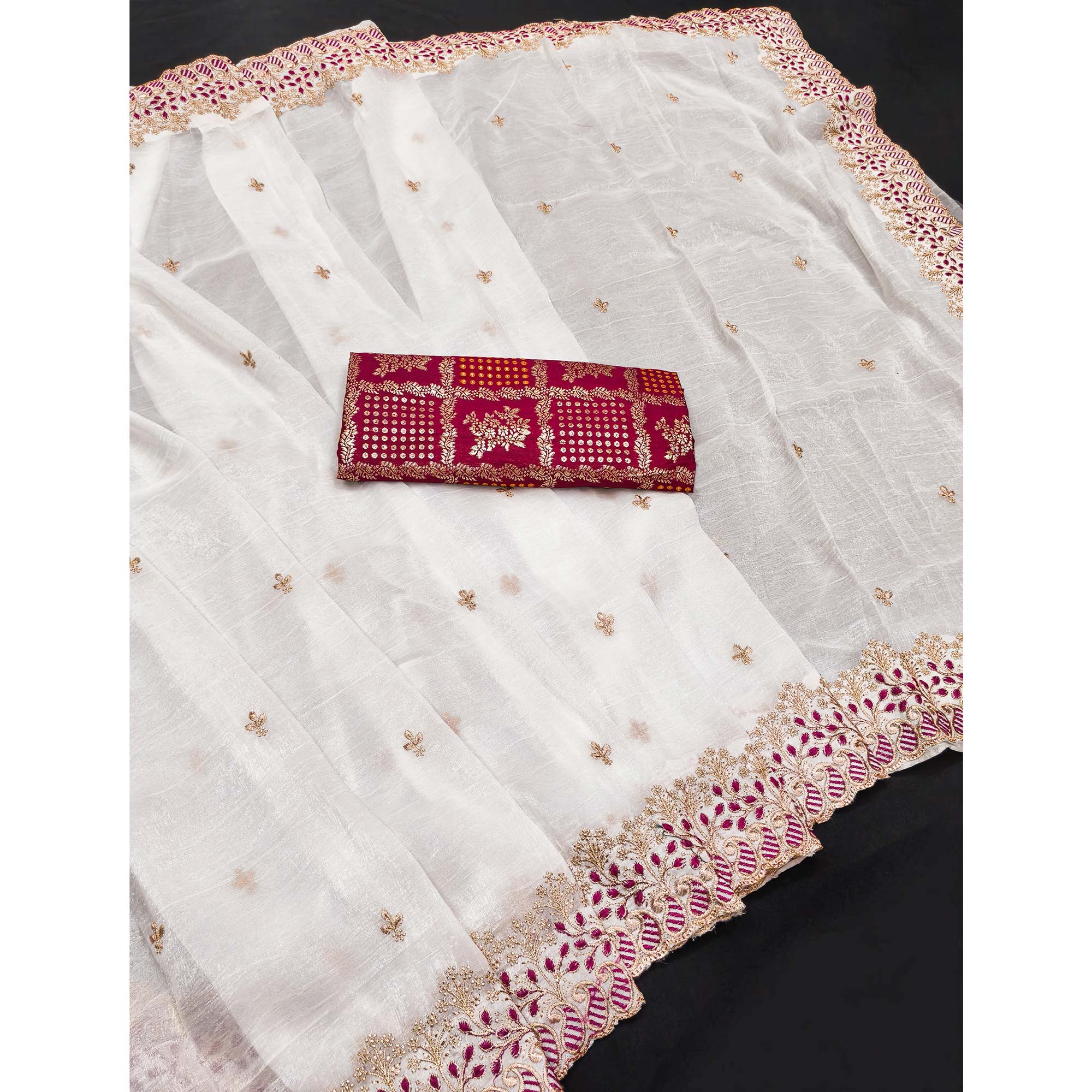 Charming White Floral Embroidered Chiffon Saree Enhanced With Intricate Paisley Border Design
