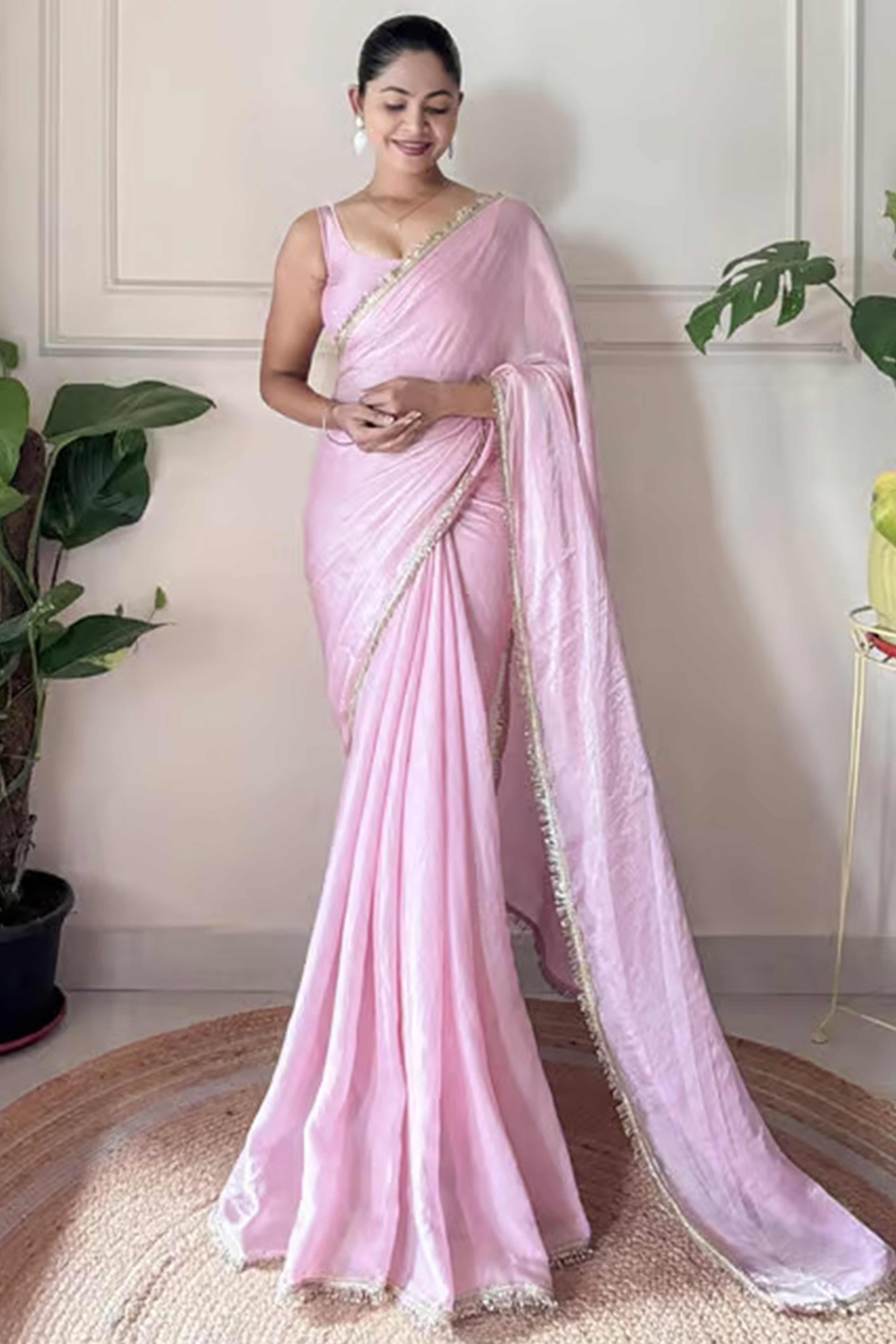 Modern Pink Organza Satin Silk Saree With Refined Lace Border For Elegant Occasions