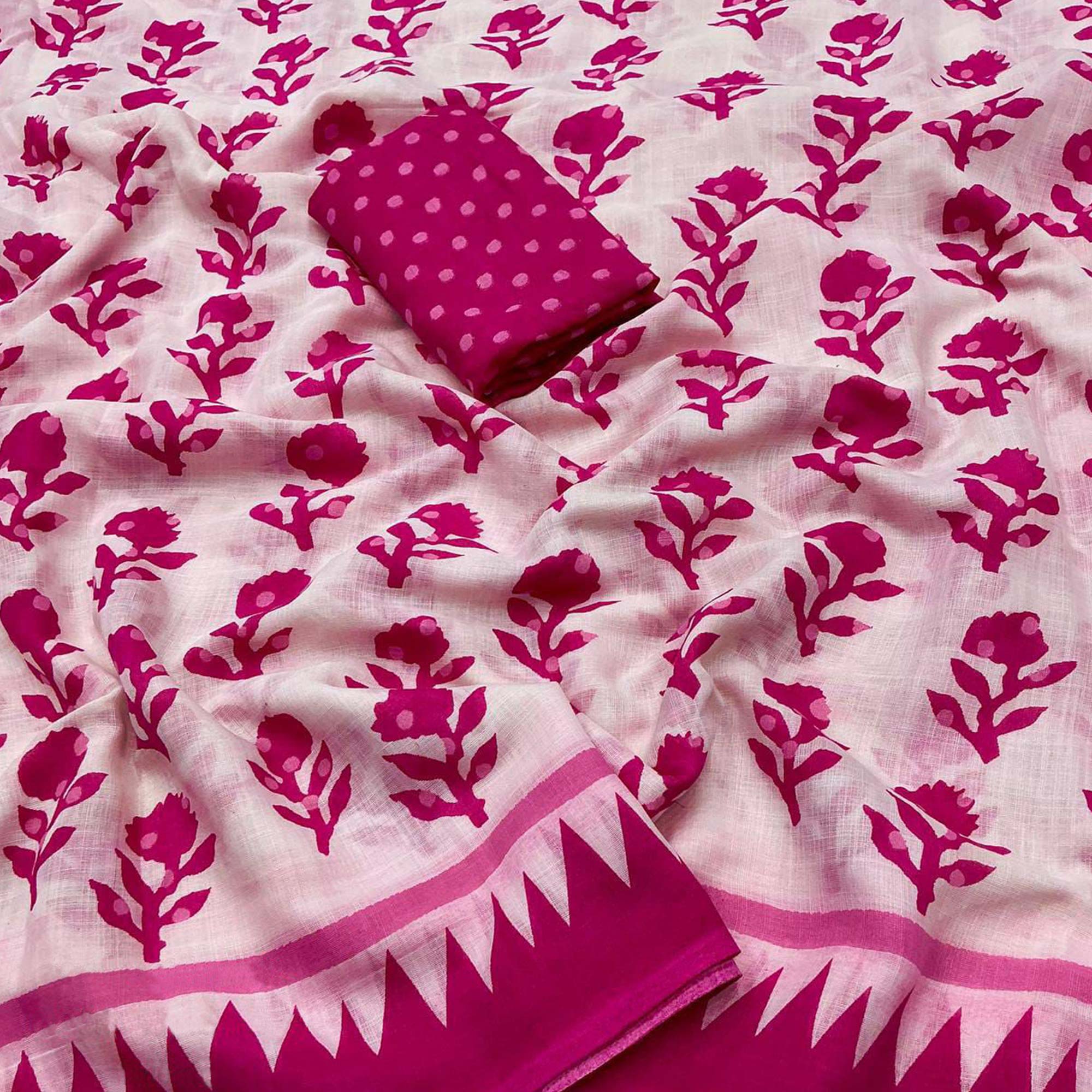 Lightweight White & Pink Floral Print Linen Saree Perfect Blend of Comfort and Style