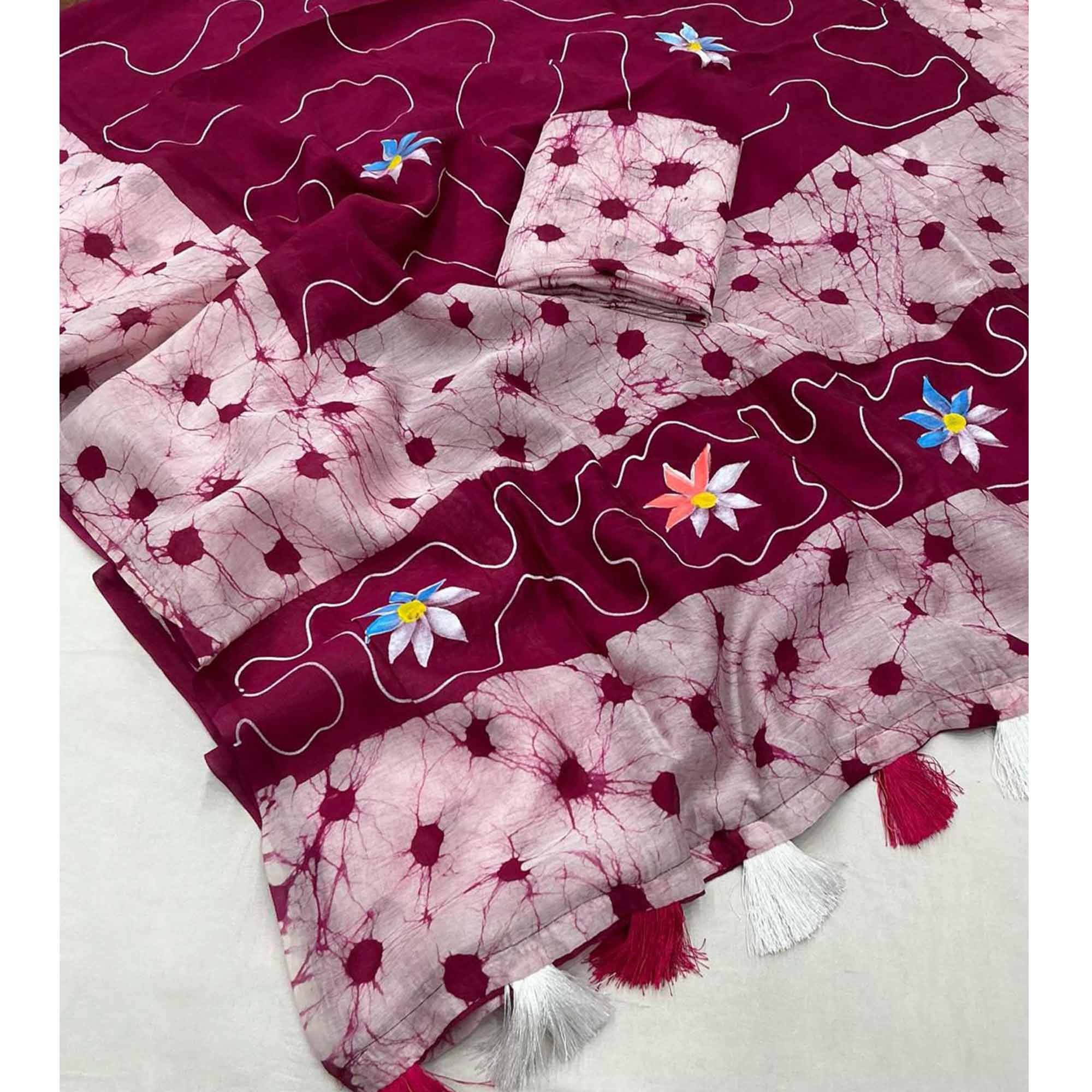 Pink Floral Handprinted Linen Saree for Graceful Ethnic Occasions