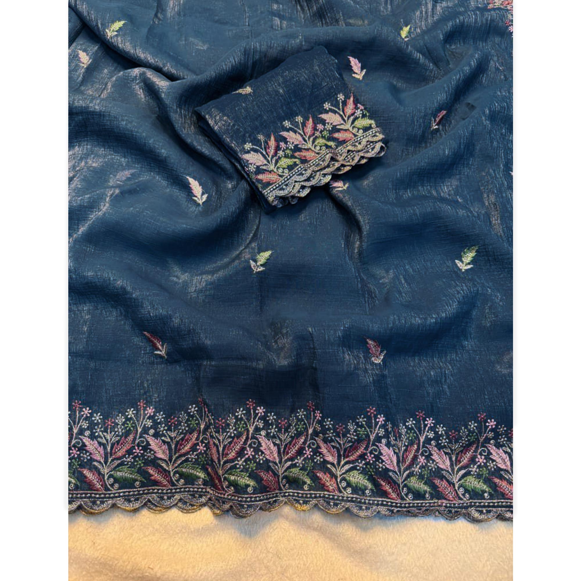 Mesmerizing Blue Chiffon Saree Showcasing Artistic Floral Embroidery For A Luxurious Appeal