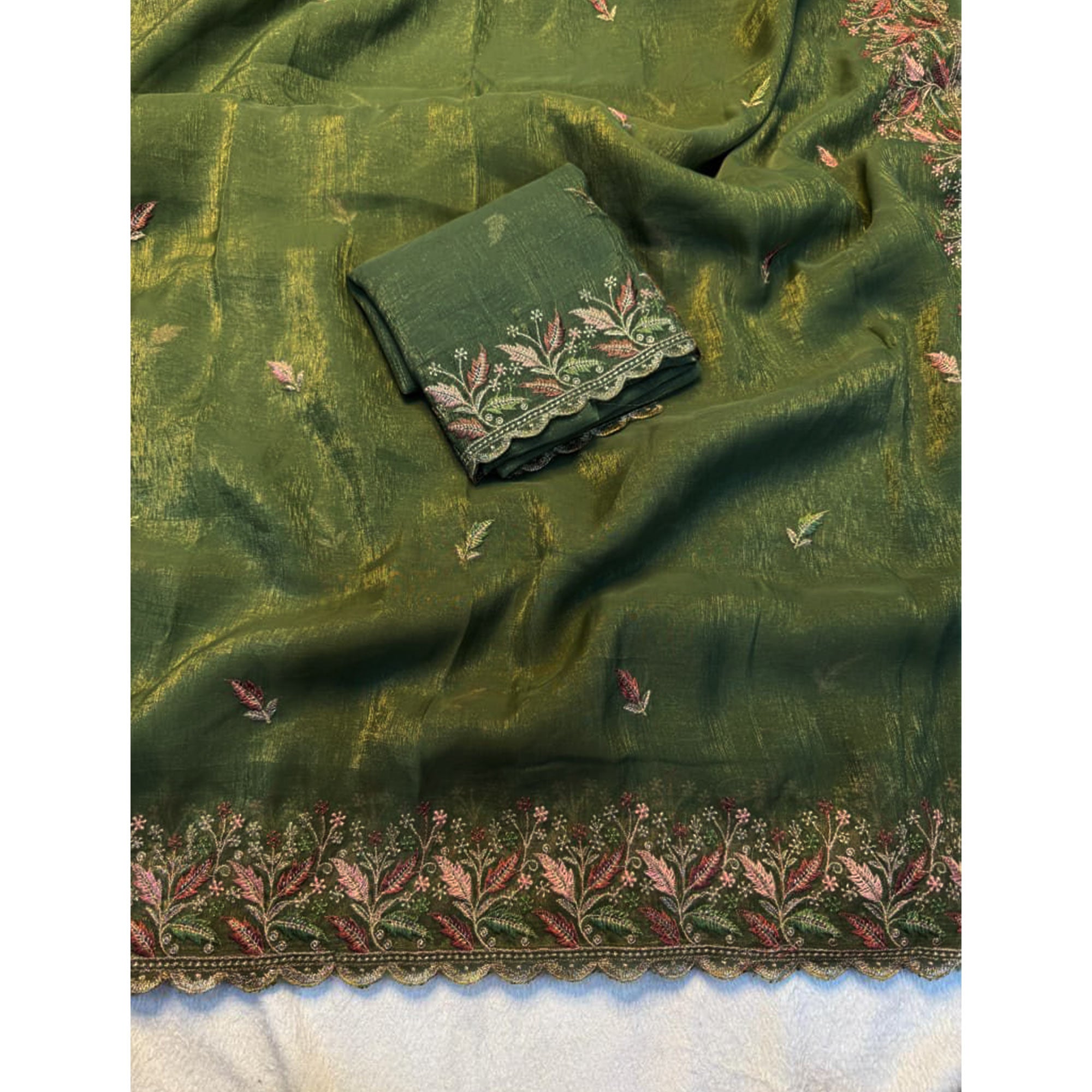 Mesmerizing Green Chiffon Saree Showcasing Artistic Floral Embroidery For A Luxurious Appeal