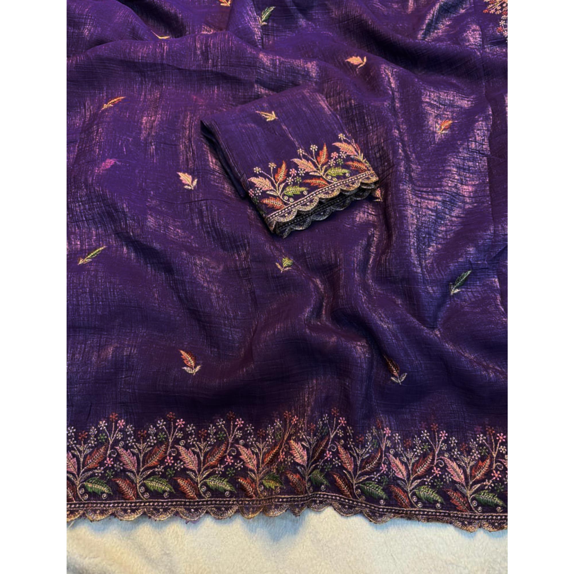 Mesmerizing Purple Chiffon Saree Showcasing Artistic Floral Embroidery For A Luxurious Appeal