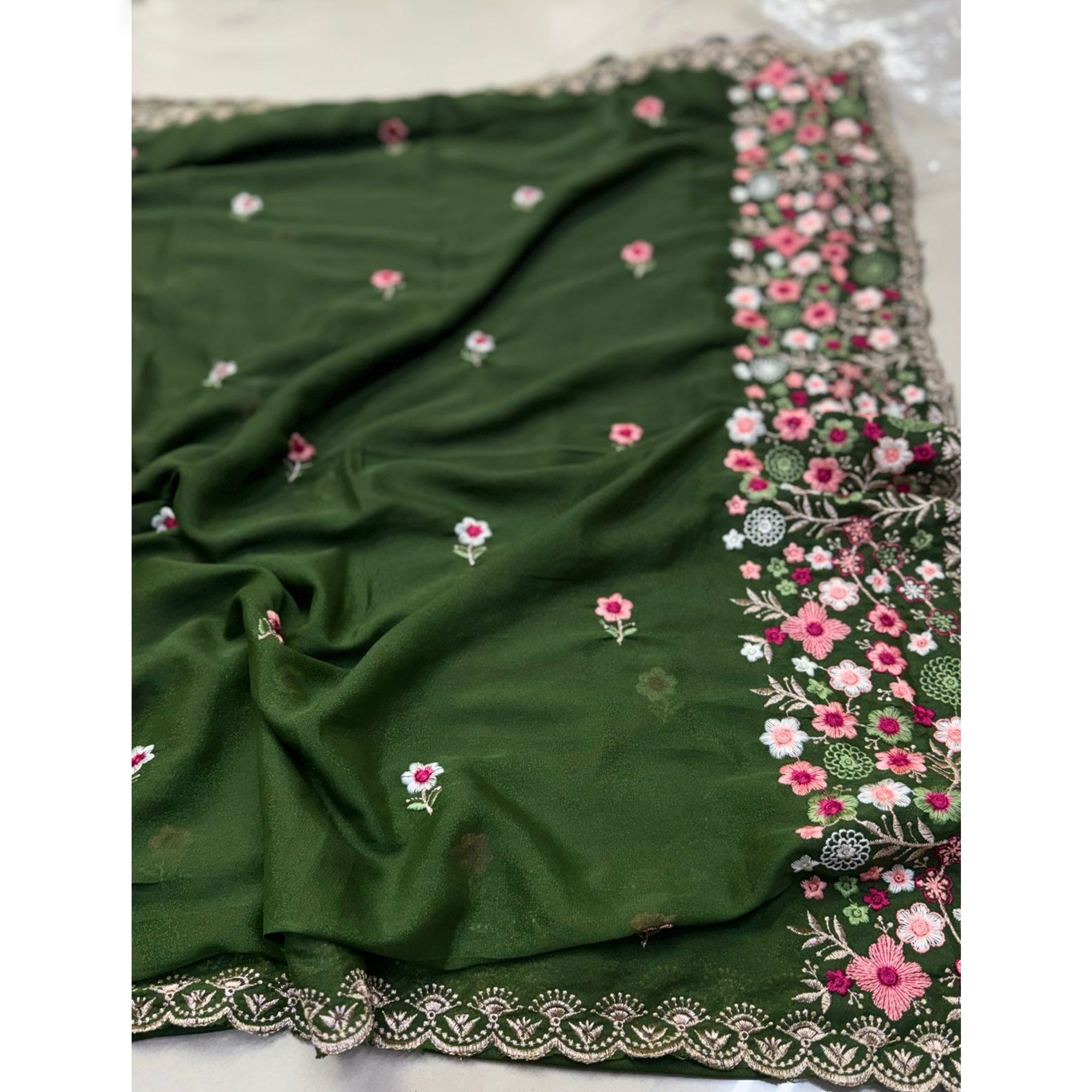 Graceful Green Georgette Saree Featuring Exquisite Floral Thread Embroidery Work