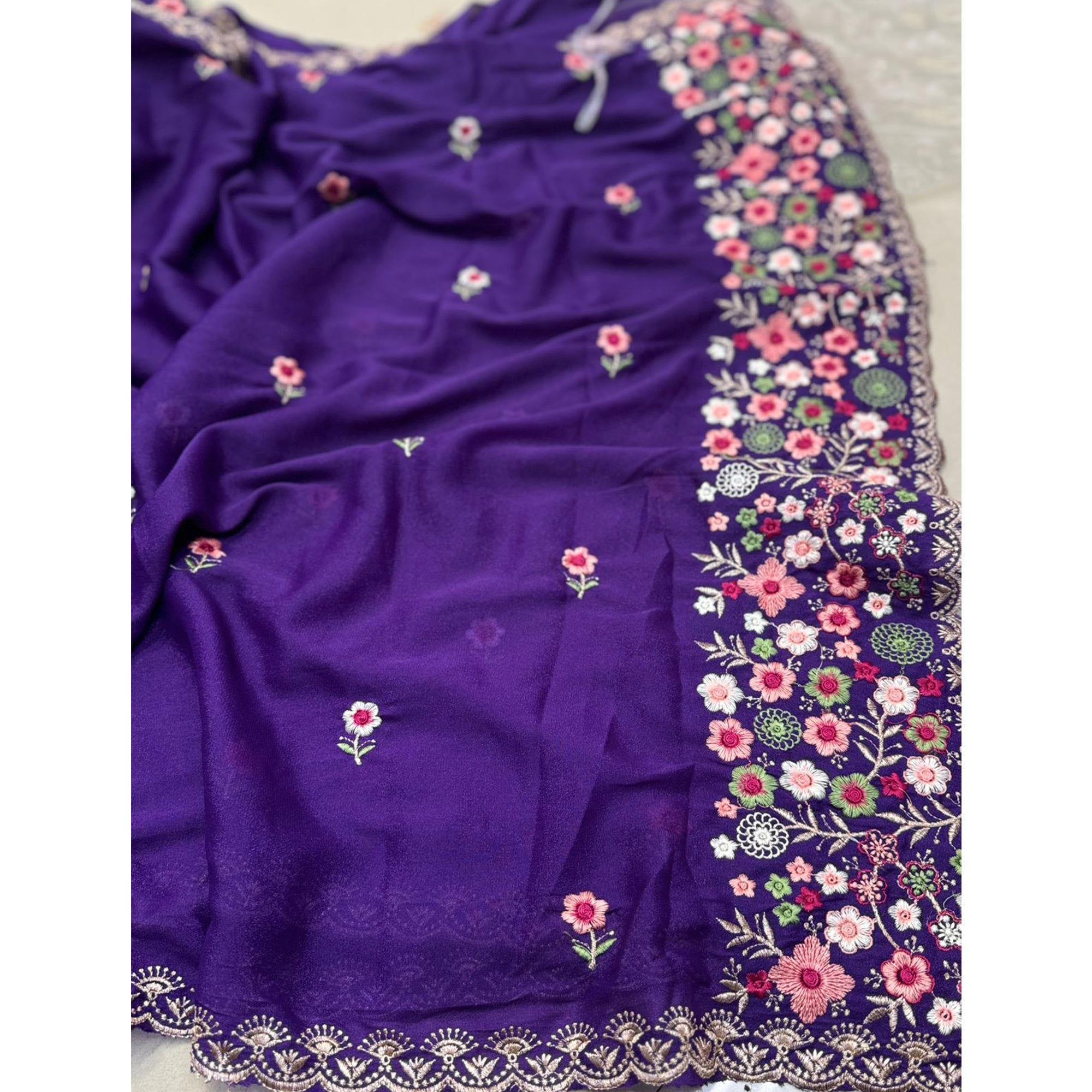 Graceful Purple Georgette Saree Featuring Exquisite Floral Thread Embroidery Work