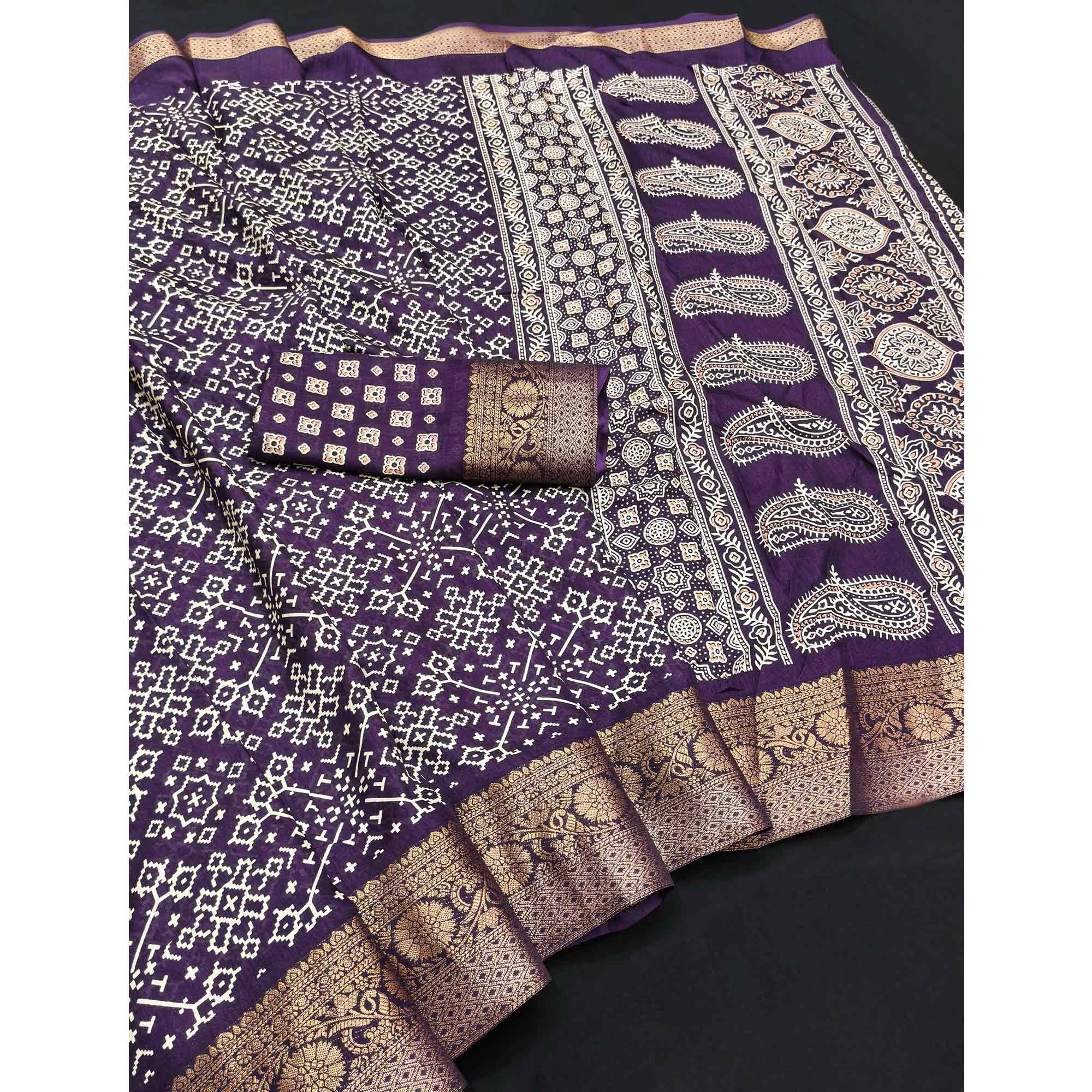 Contemporary Dark purple Geometric Mill Printed Dola Silk Saree With Ornate Floral Zari Border