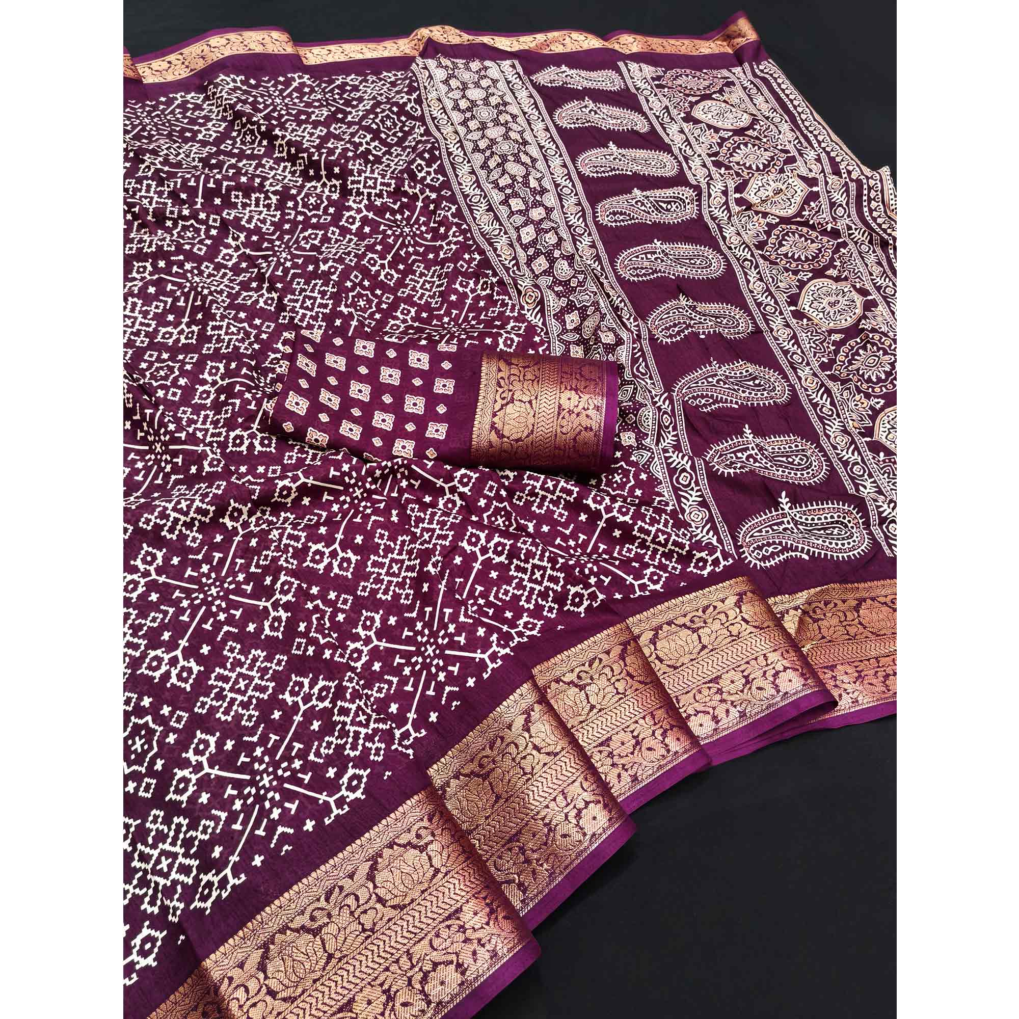 Contemporary Purple Geometric Mill Printed Dola Silk Saree With Ornate Floral Zari Border