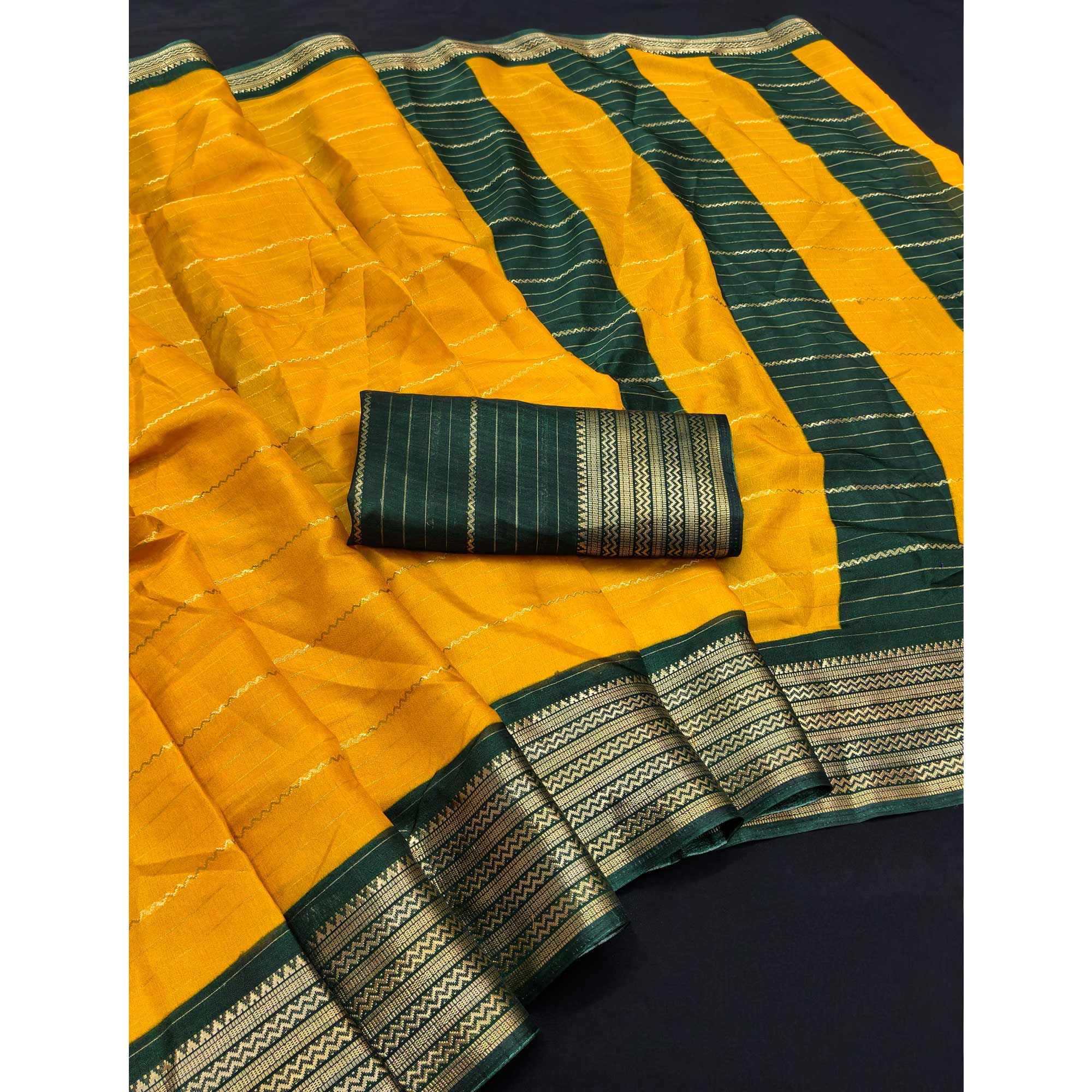 Mustard Jacquard Saree With Contemporary Striped Pattern Accented By Rich Zari Weaving