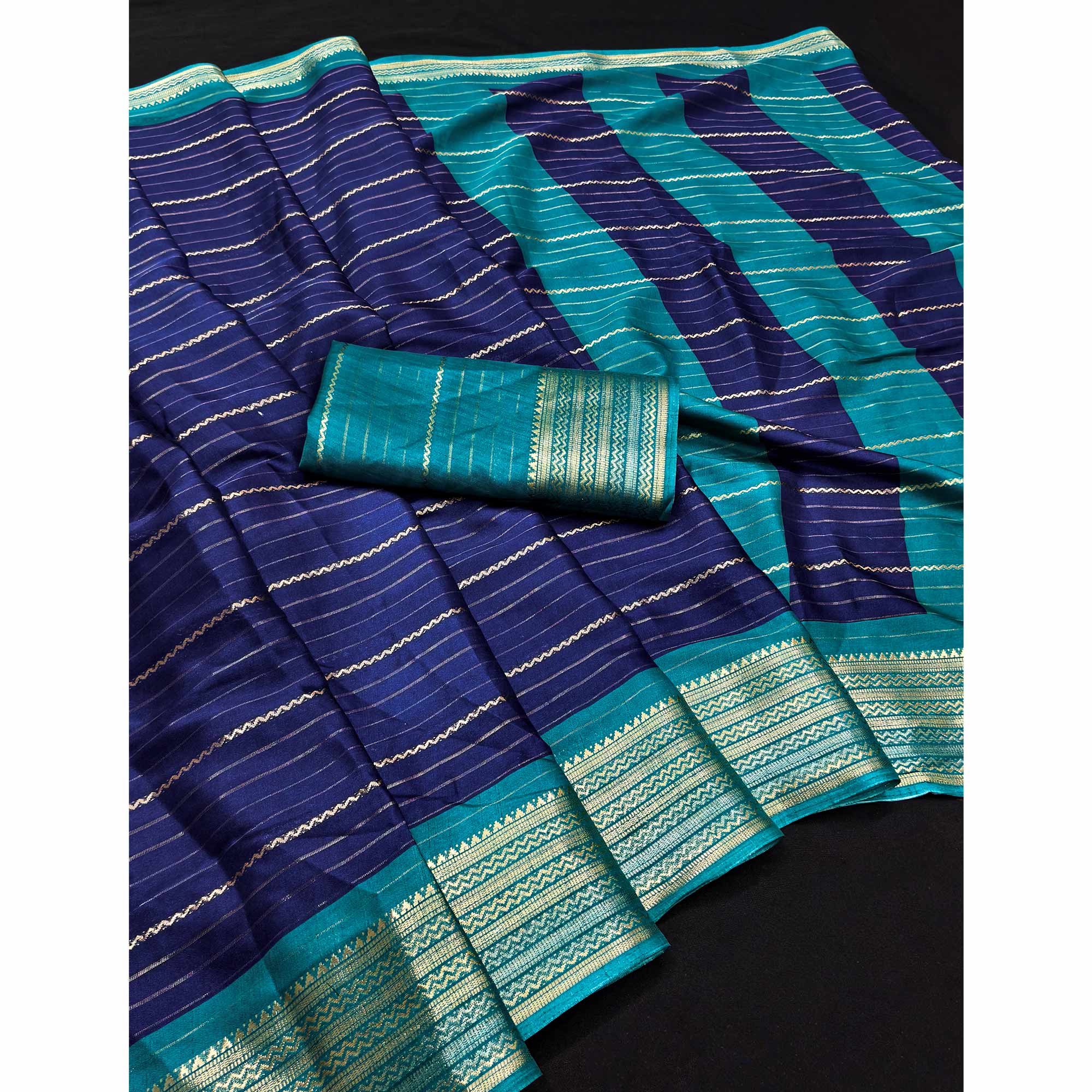 Navy Blue Jacquard Saree With Contemporary Striped Pattern Accented By Rich Zari Weaving