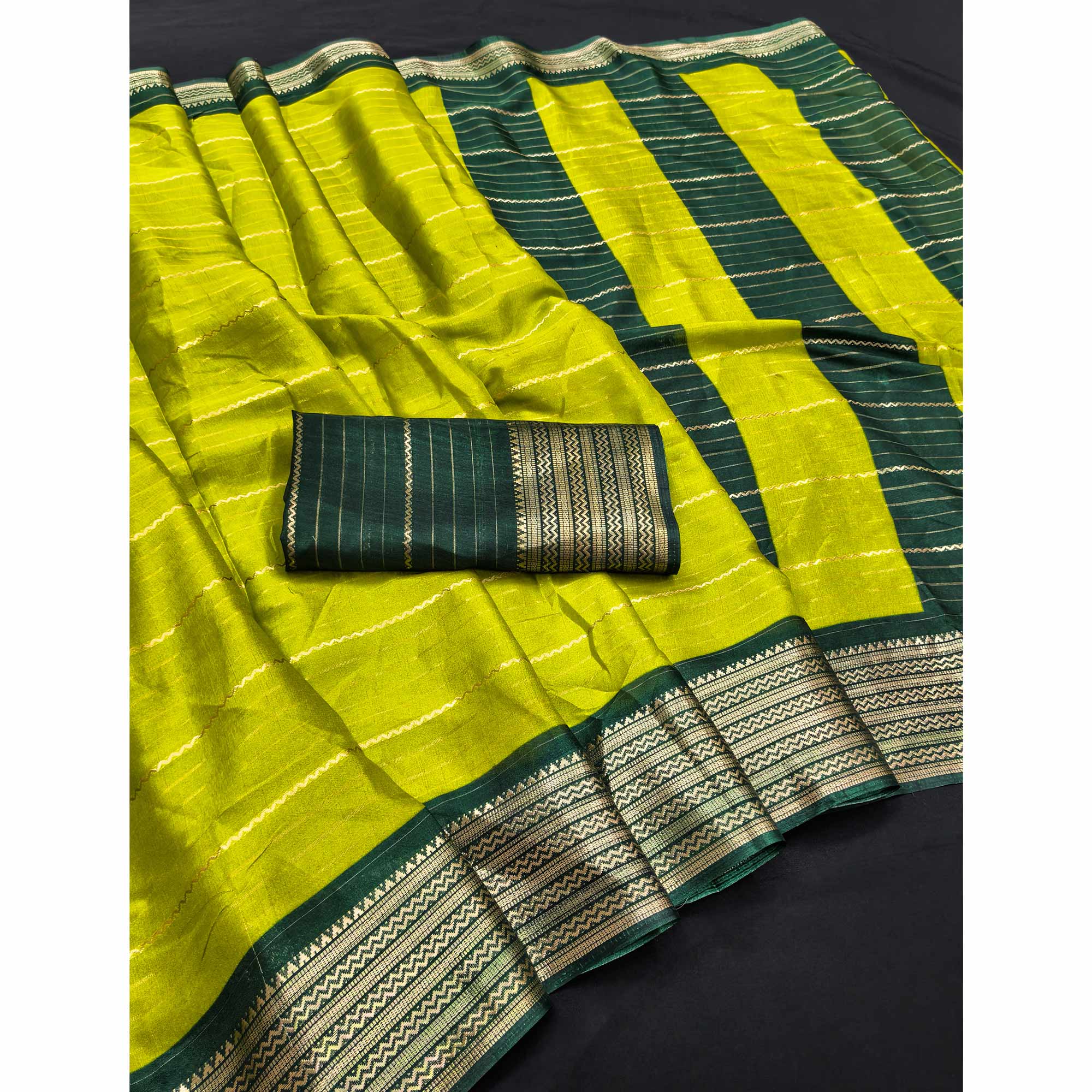 Parrot Green Jacquard Saree With Contemporary Striped Pattern Accented By Rich Zari Weaving
