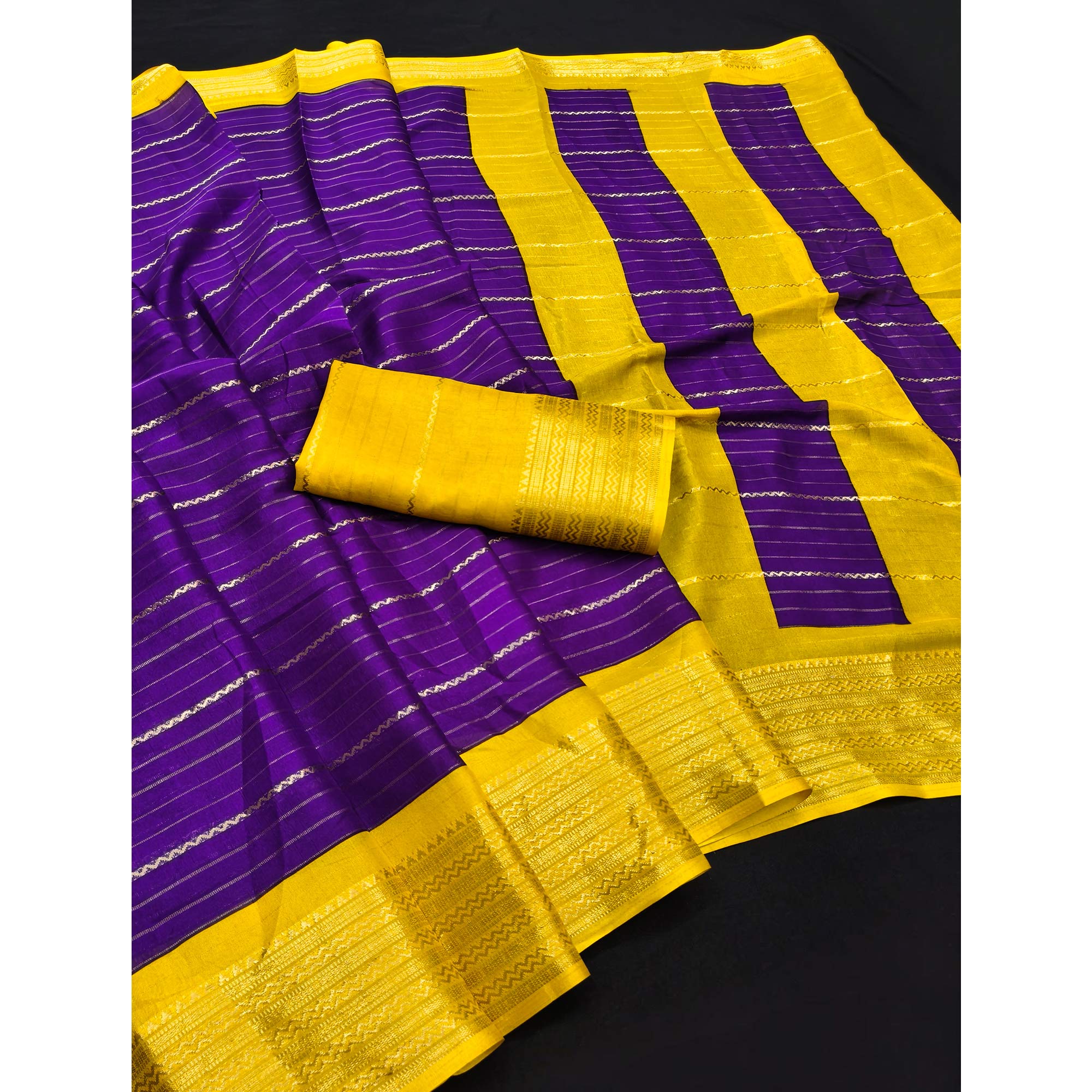 Purple Jacquard Saree With Contemporary Striped Pattern Accented By Rich Zari Weaving