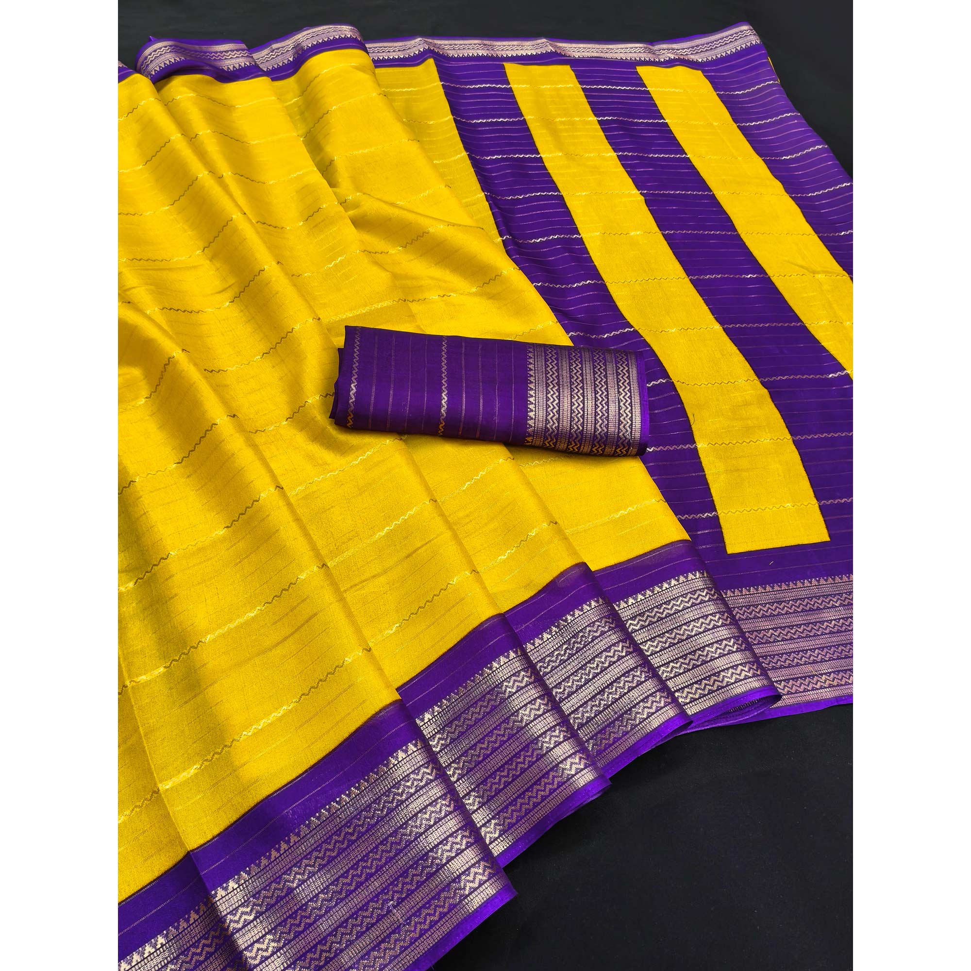 Yellow Jacquard Saree With Contemporary Striped Pattern Accented By Rich Zari Weaving