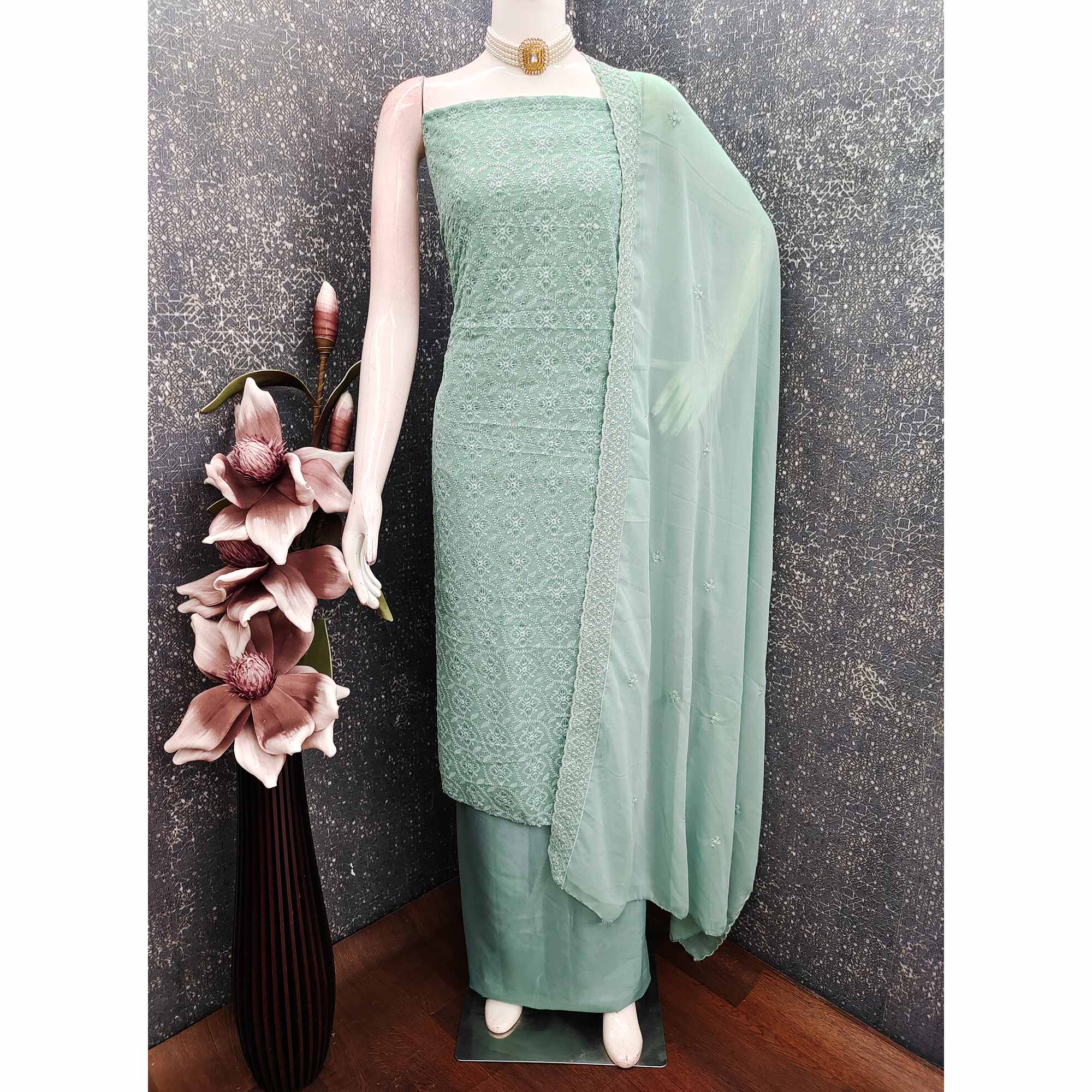 Stunning Ice Green Floral Embroidery With Sparkling Sequins Work Georgette Dress Material