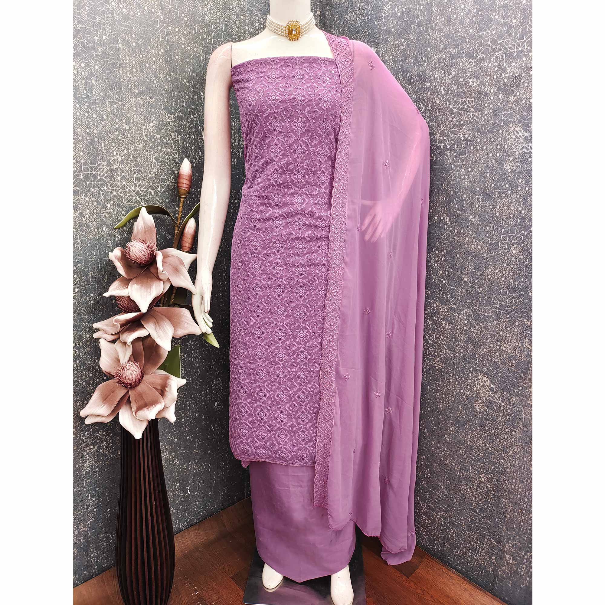 Stunning Purple Floral Embroidery With Sparkling Sequins Work Georgette Dress Material