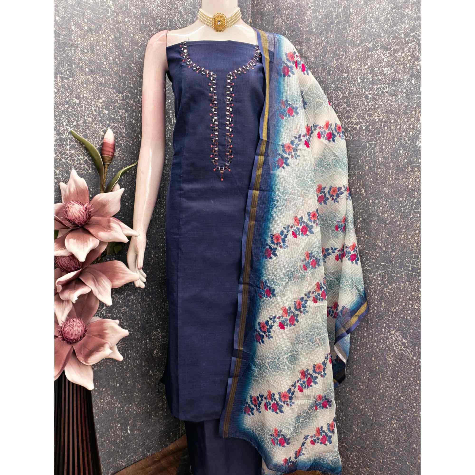 Classic Navy Blue Solid Dress Material Highlighted By Intricate Neck Mirror Embroidery