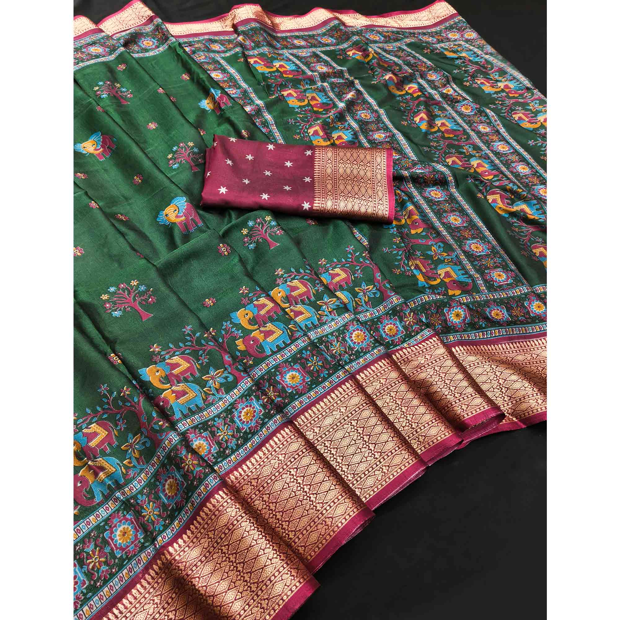 Majestic Green stard Elephant & Floral Printed Dola Silk Saree Featuring Intricate Weaving Border