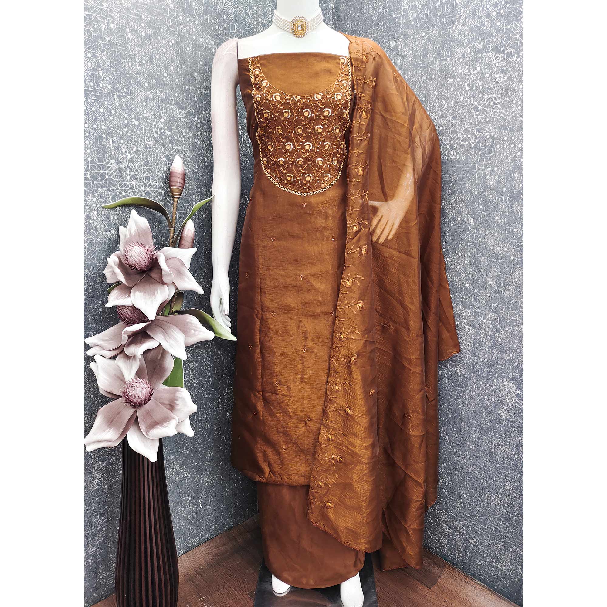 Beautiful Brown Art Silk Unstitched Suit Material Decorated with Fine Floral Embroidery Work
