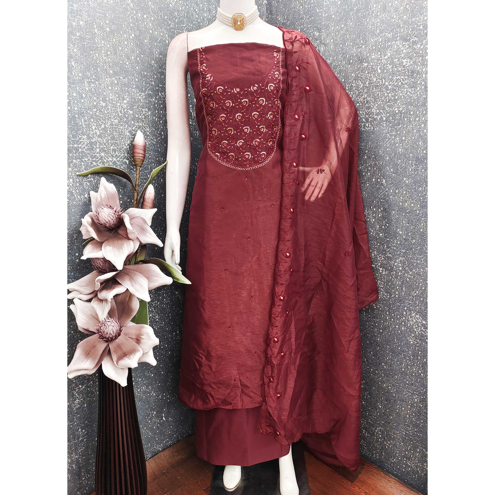 Beautiful Maroon Art Silk Unstitched Suit Material Decorated with Fine Floral Embroidery Work