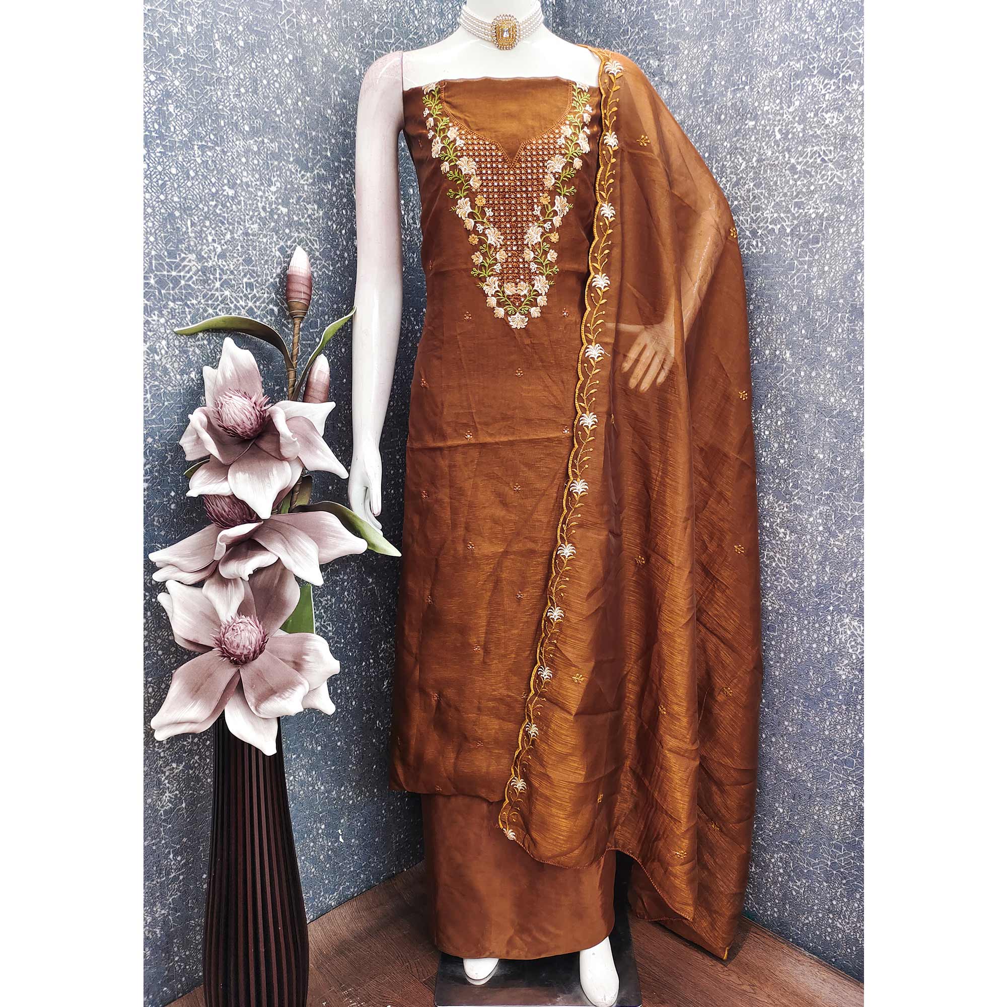 Brown Floral Embroidered Art Silk Suit Material Ideal for Festive and Celebration Looks