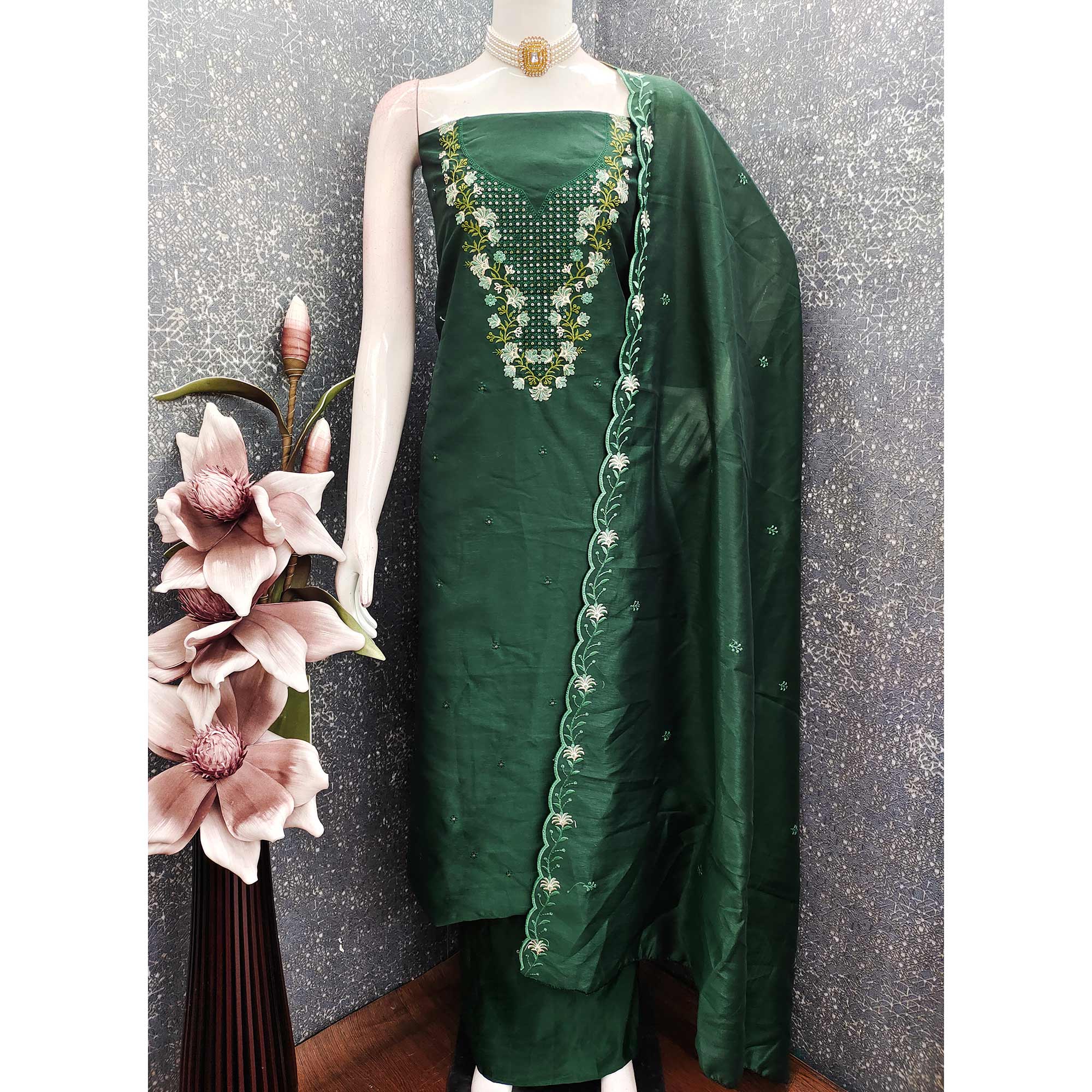 Green Floral Embroidered Art Silk Suit Material Ideal for Festive and Celebration Looks