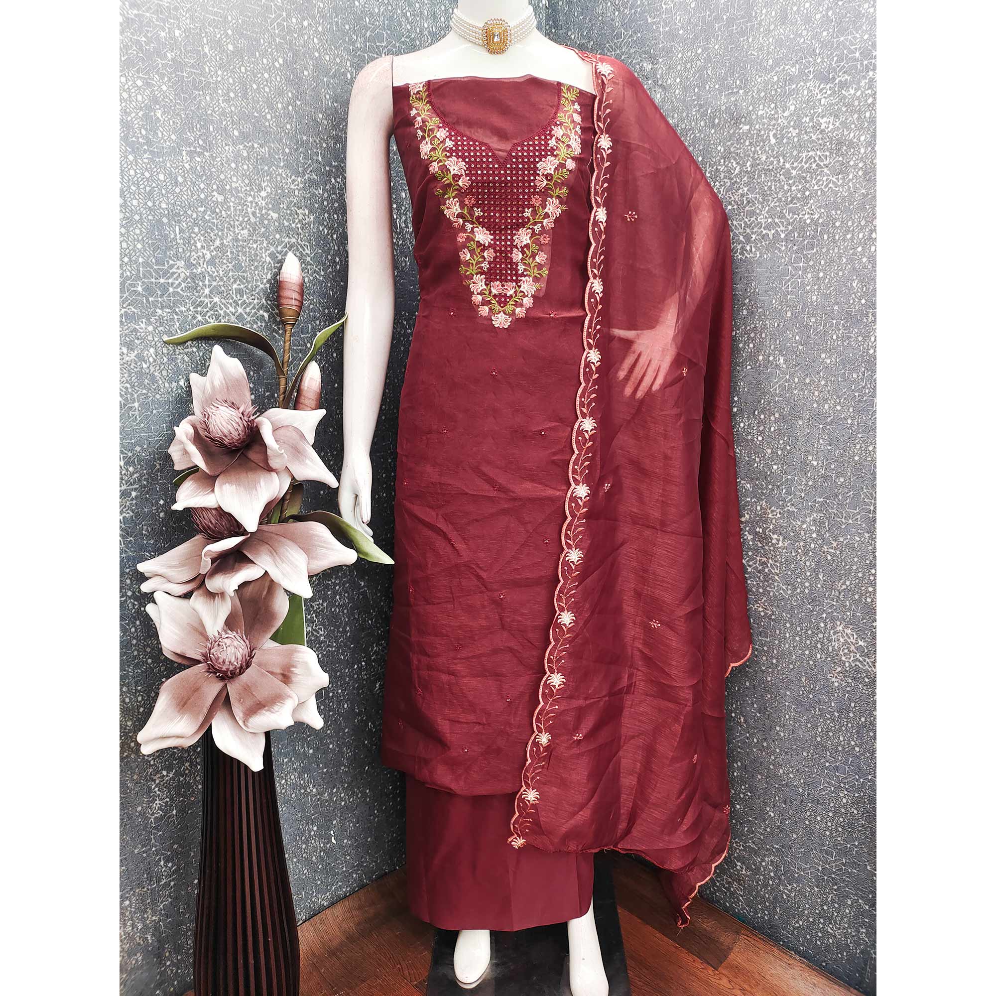 Maroon Floral Embroidered Art Silk Suit Material Ideal for Festive and Celebration Looks