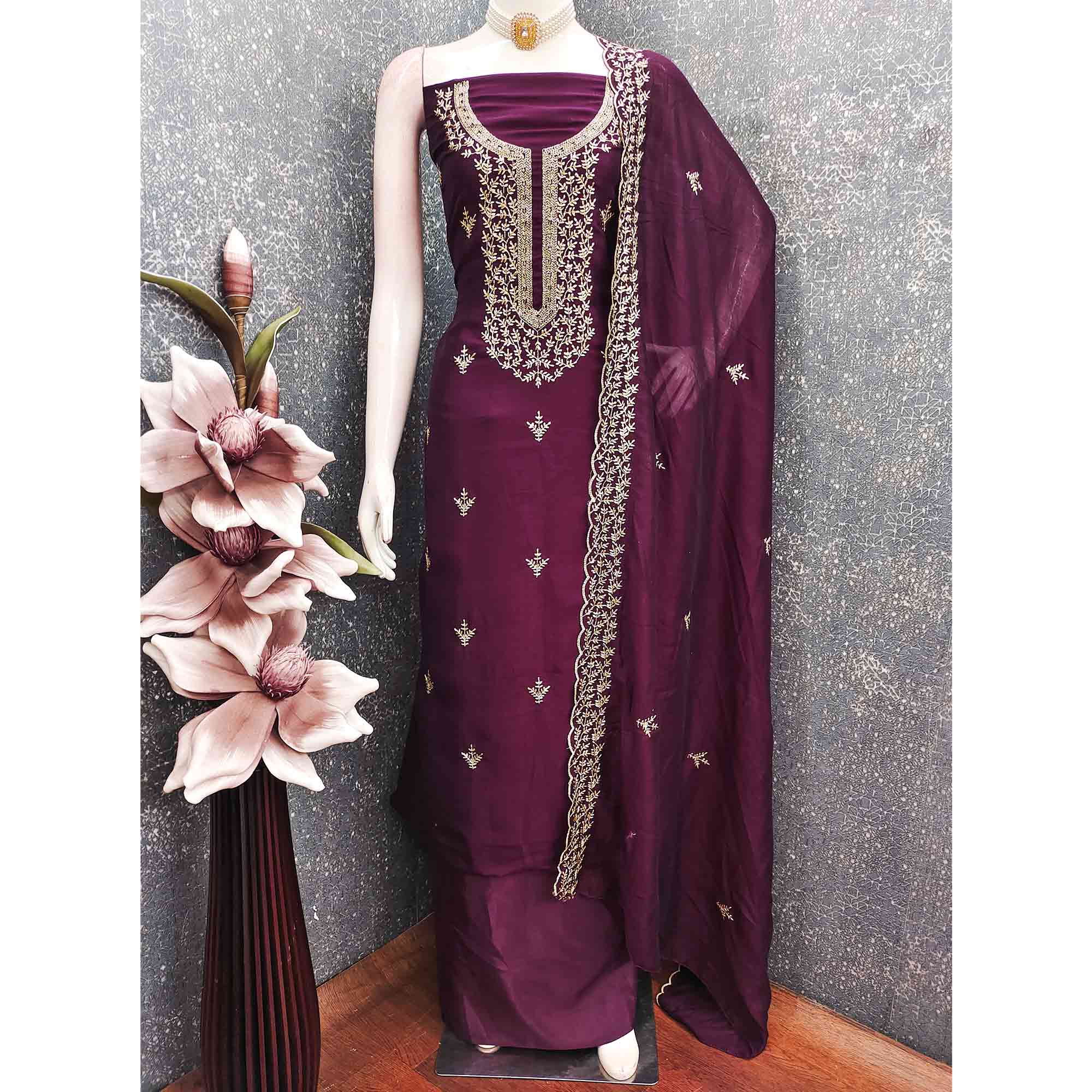 Elegant Wine Zari Embroidery & Sequins Embellished Vichitra Silk Dress Material