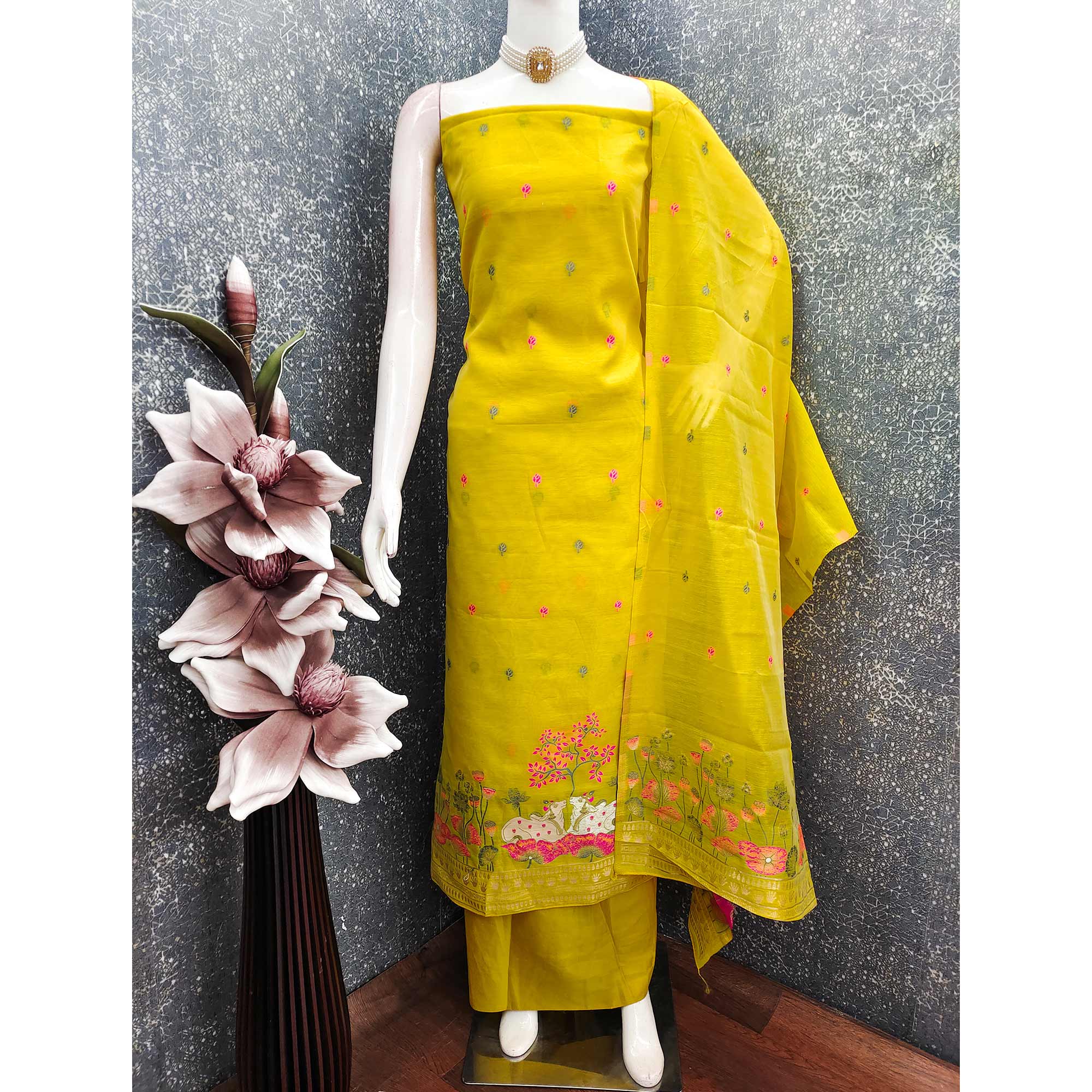 Premium Lemon Yellow Chanderi Silk Weaving Dress Material With Artistic Floral & Animal Motifs