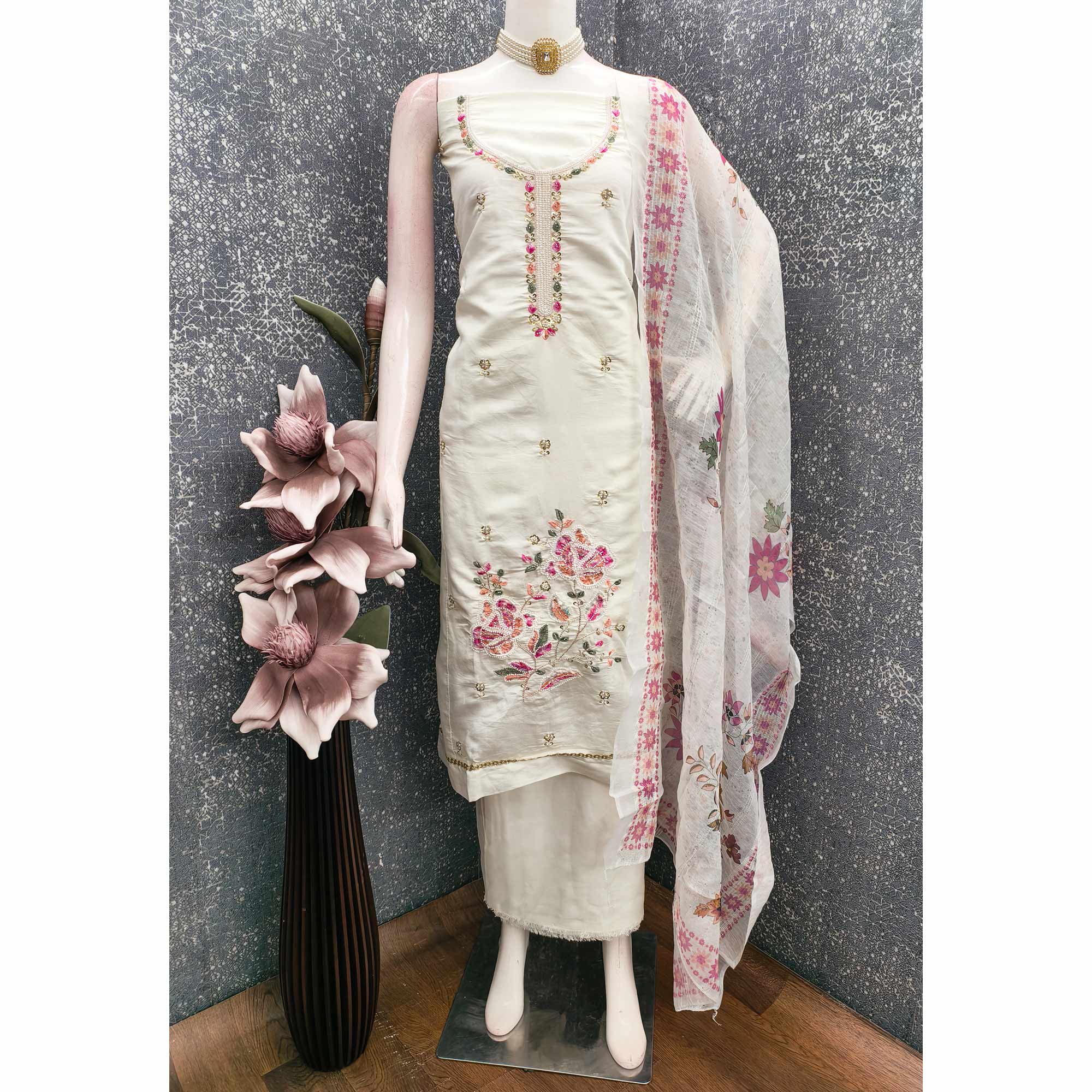 White Embroidered Chanderi Silk Unstitched Dress Material with Delicate Beads Work