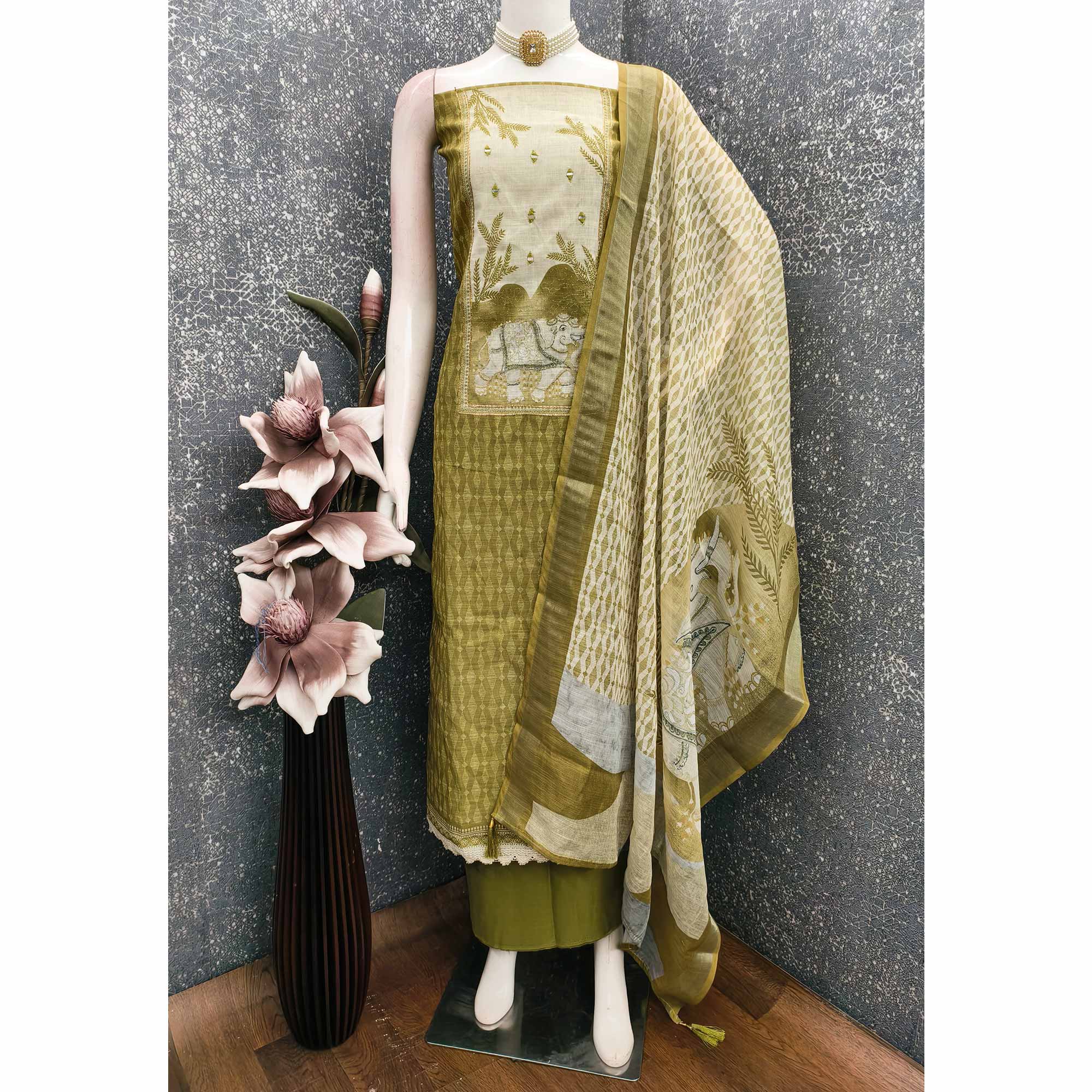 Olive Premium Woven Linen Dress Material for Comfortable Styling