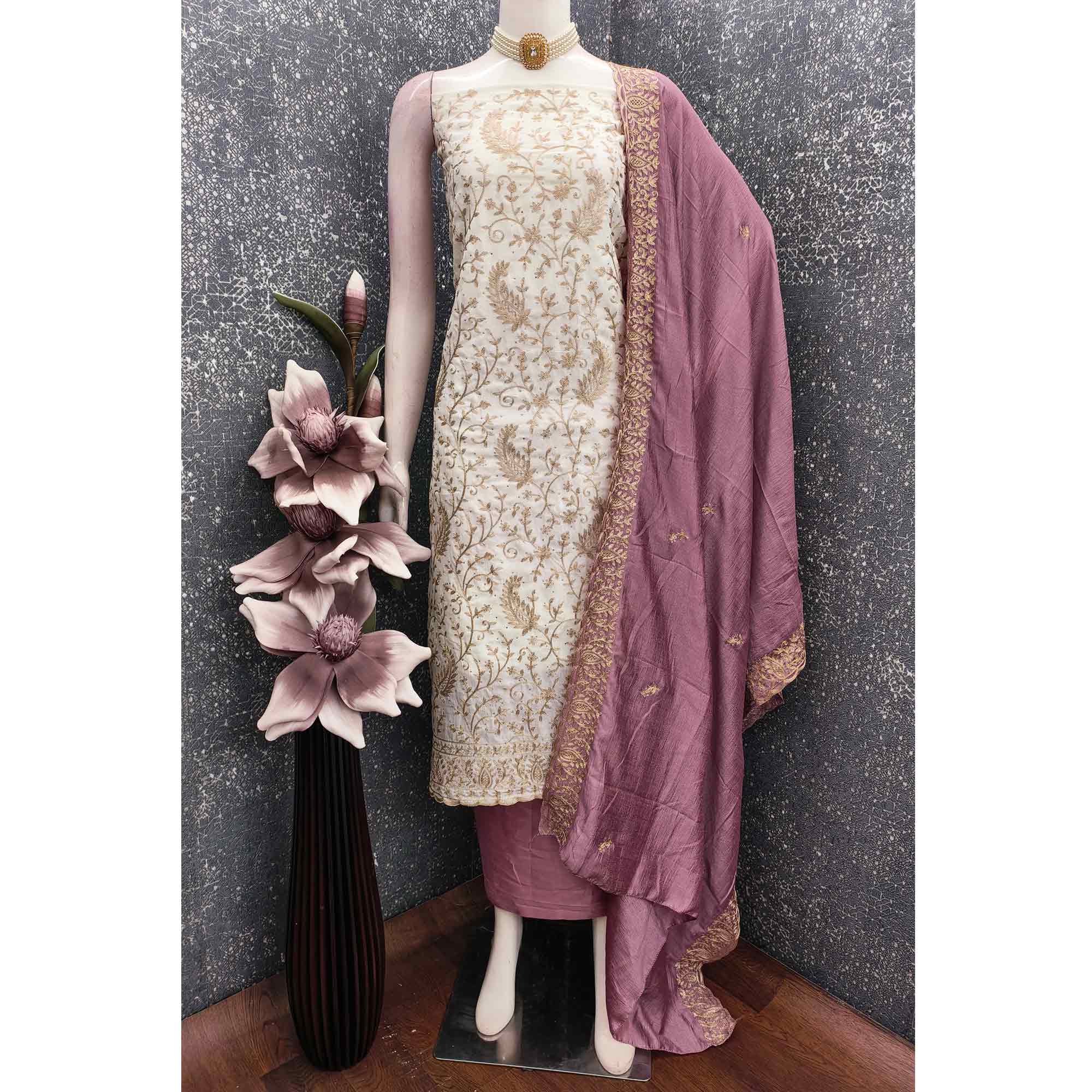 Cream & Mauve Lustrous Vichitra Silk Dress Material Accented with Artistic Thread Embroidery
