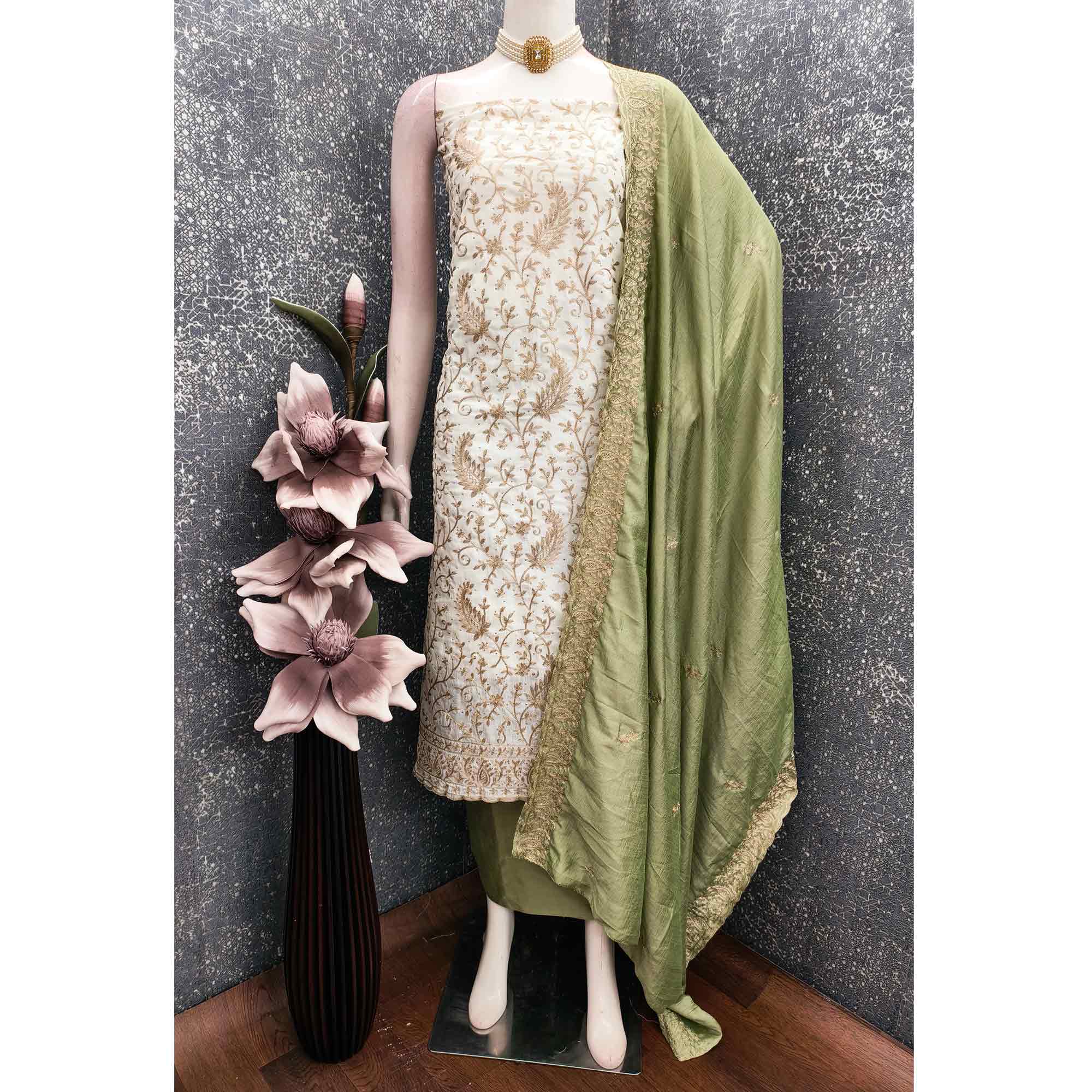 Cream & Green Lustrous Vichitra Silk Dress Material Accented with Artistic Thread Embroidery