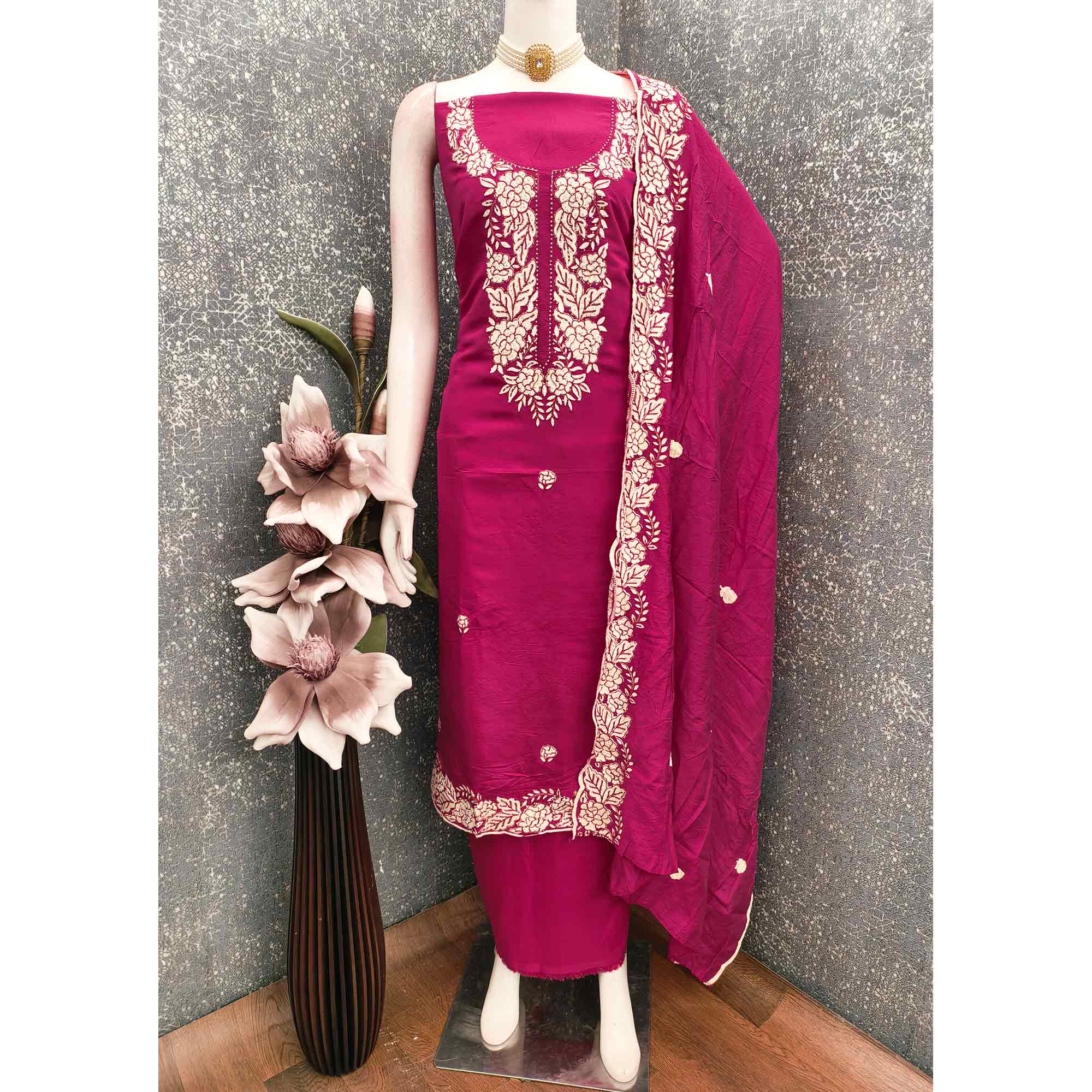 Pink Rich Viscose Dress Material Highlighted with Refined Floral Thread Embroidery