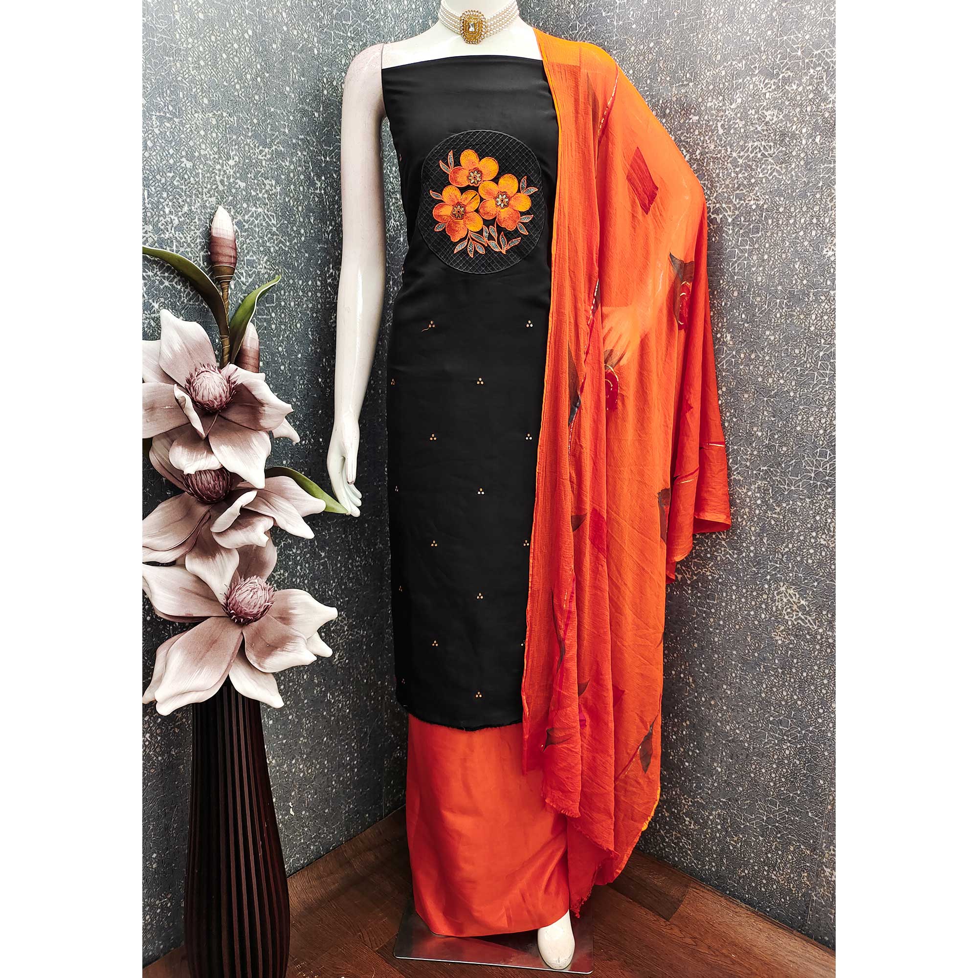 Black Designer Viscose Dress Material Featuring Intricate Floral Embroidered Detailing