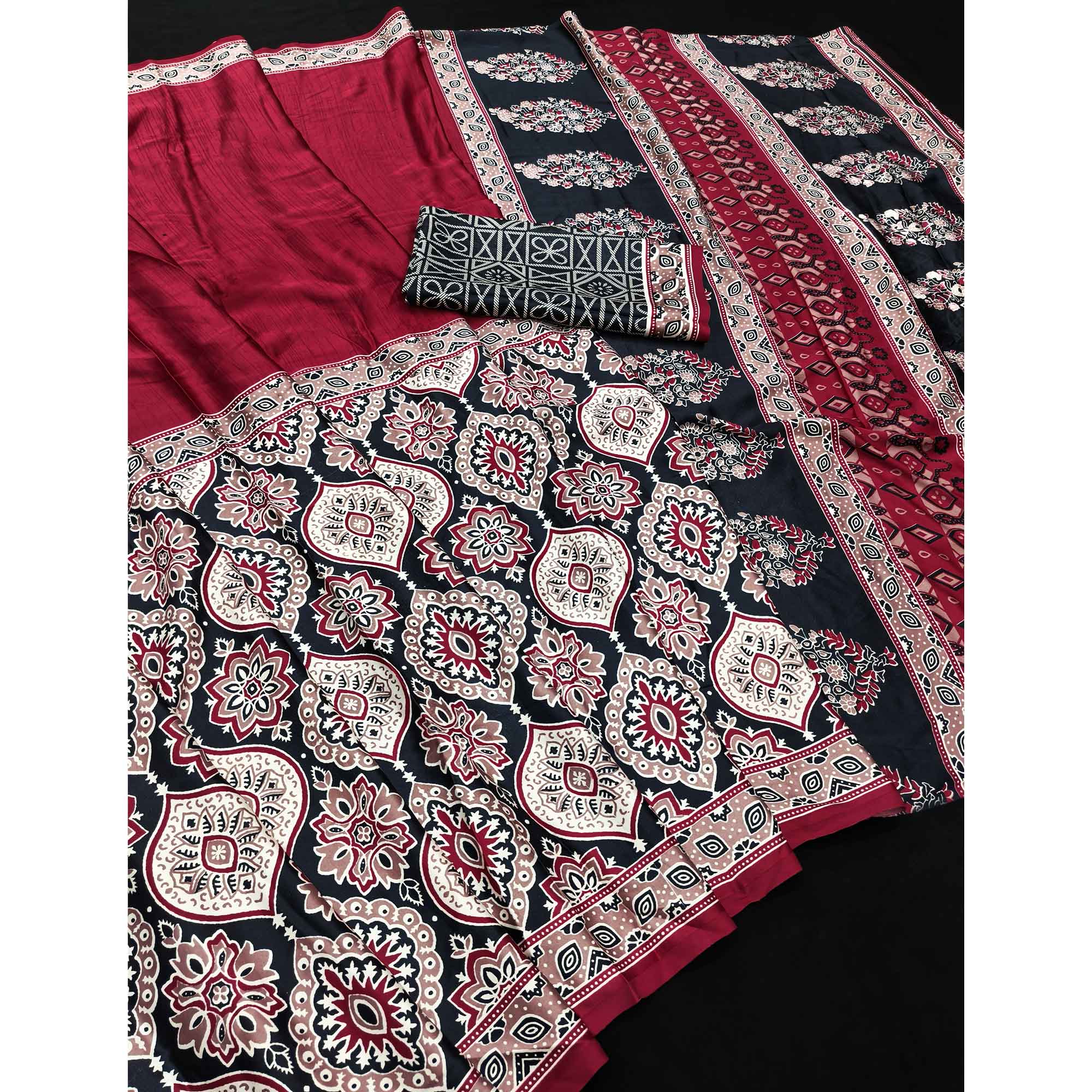 Maroon Premium Crepe Silk Lightweight Saree Adorned with Classic Ajrakh Patterns