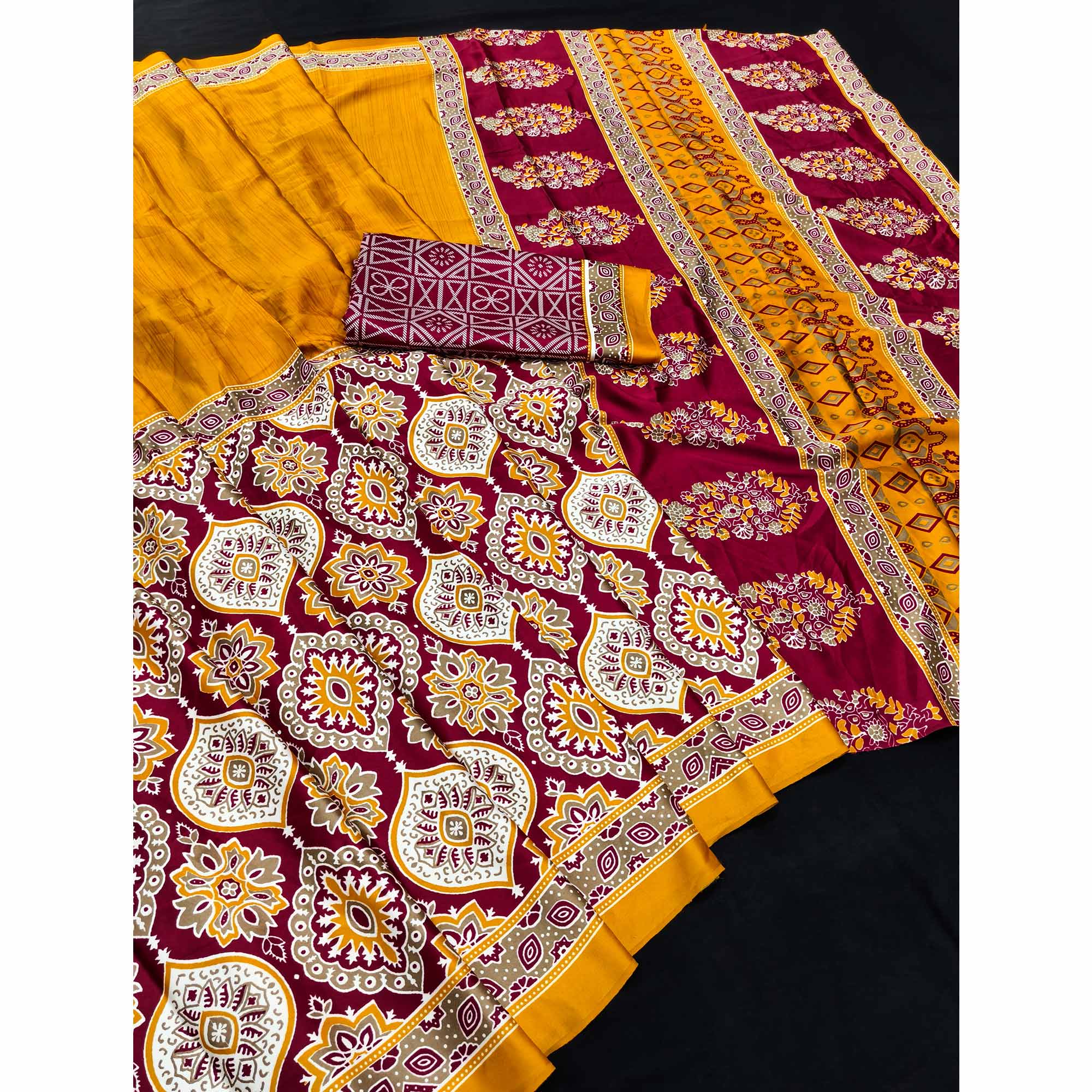 Mustard Premium Crepe Silk Lightweight Saree Adorned with Classic Ajrakh Patterns