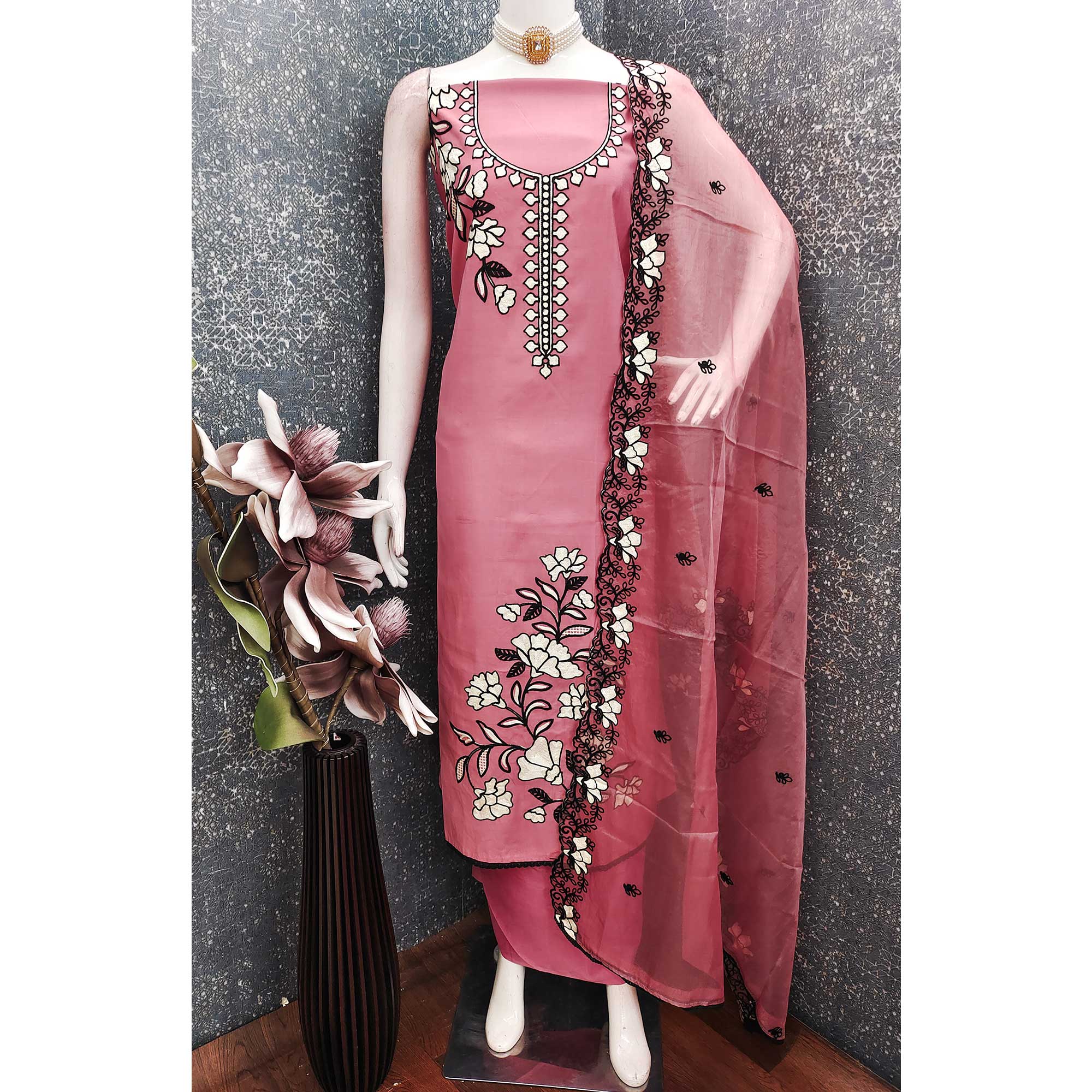 Graceful Gajari Pink Floral Viscose Dress Material Enhanced With Intricate Thread Embroidery Work