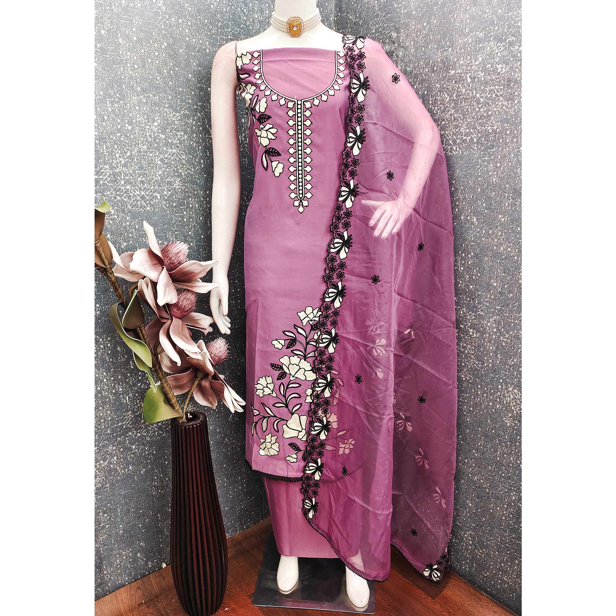 Graceful Pale Magenta Floral Viscose Dress Material Enhanced With Intricate Thread Embroidery Work