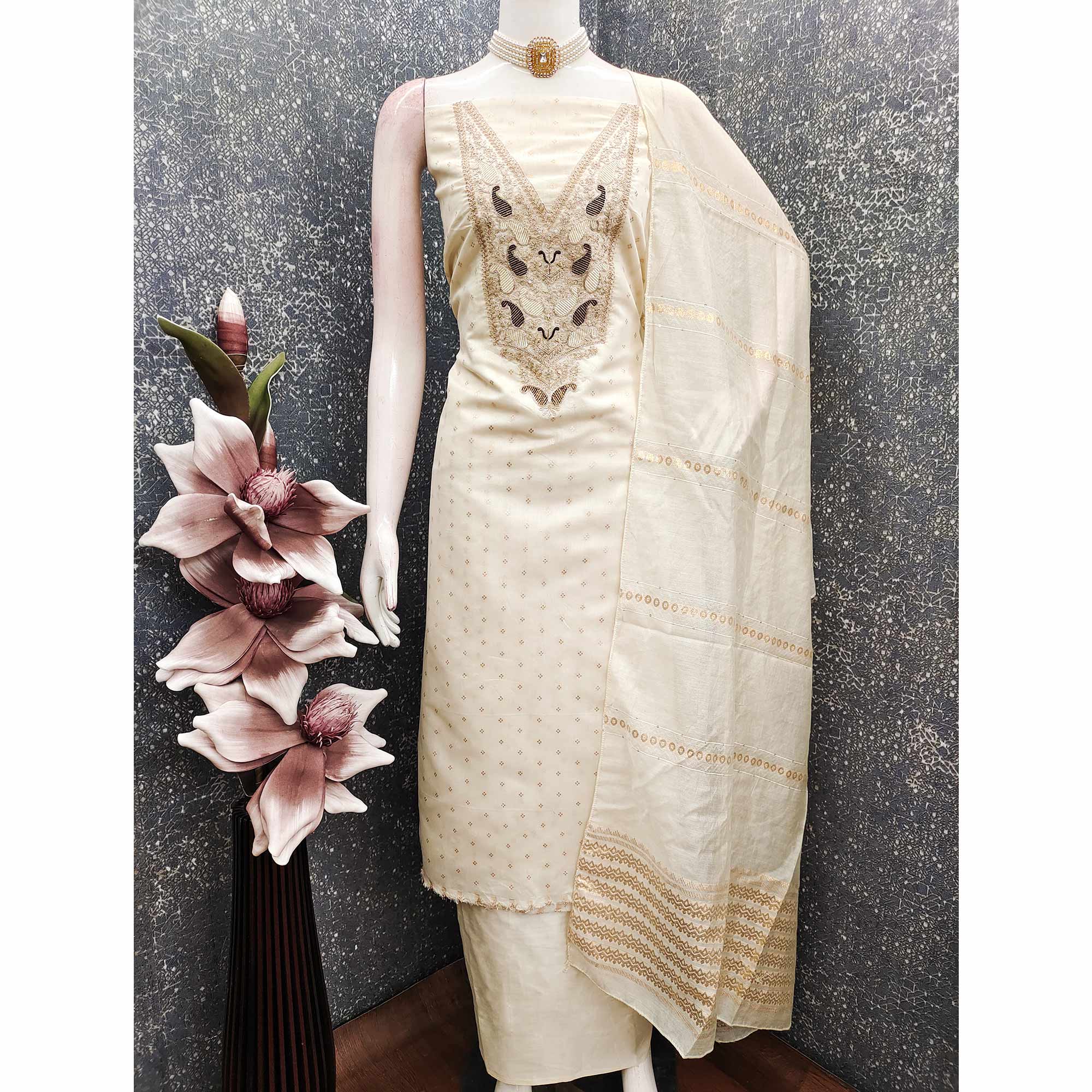 Cream Weaving Chanderi Silk Dress Material Adorned With Cording Embroidery & Sequins Work