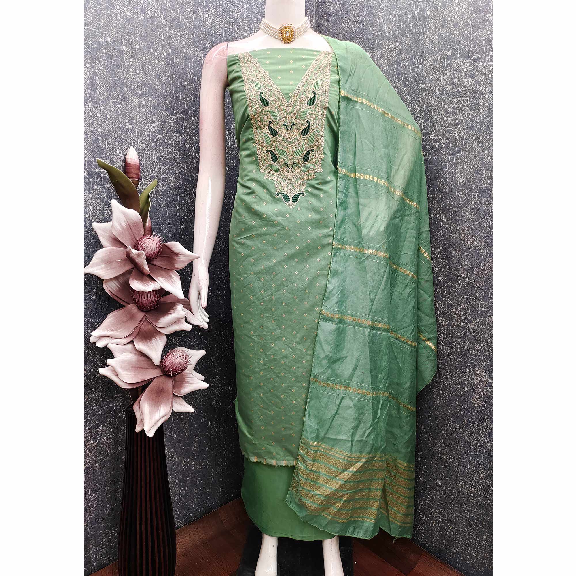 Green Weaving Chanderi Silk Dress Material Adorned With Cording Embroidery & Sequins Work