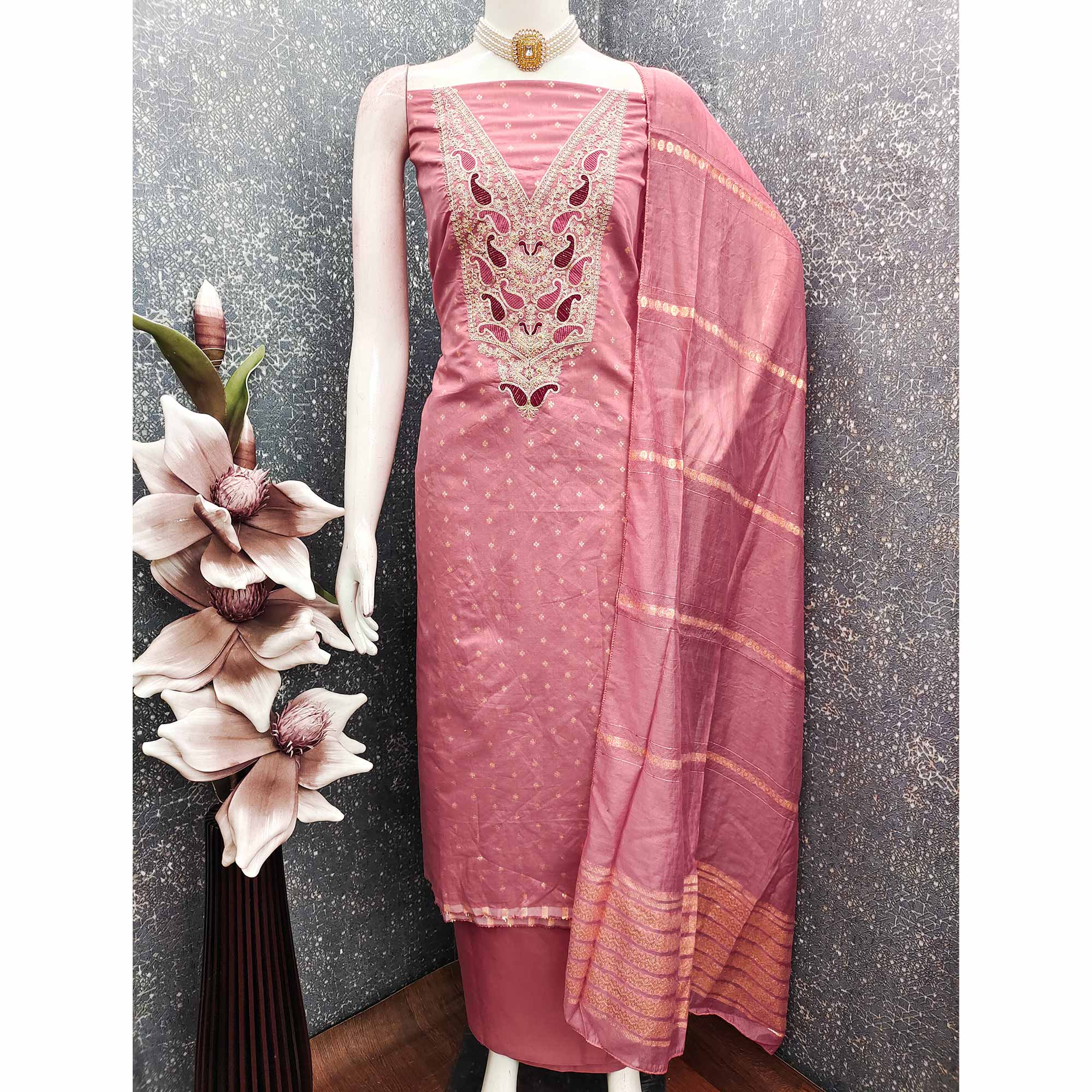 Peach Weaving Chanderi Silk Dress Material Adorned With Cording Embroidery & Sequins Work