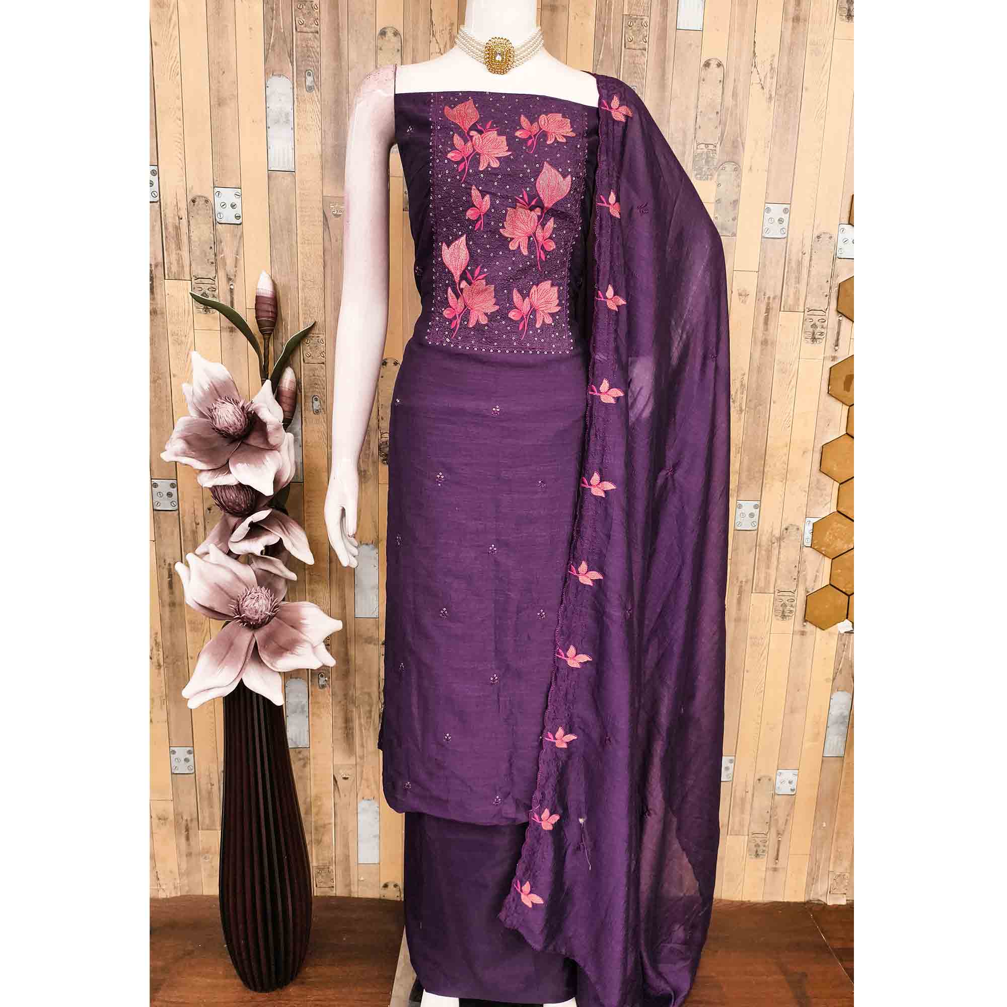 Purple Floral Embroidered Vichitra Silk Dress Material for Elegant Ethnic Styling
