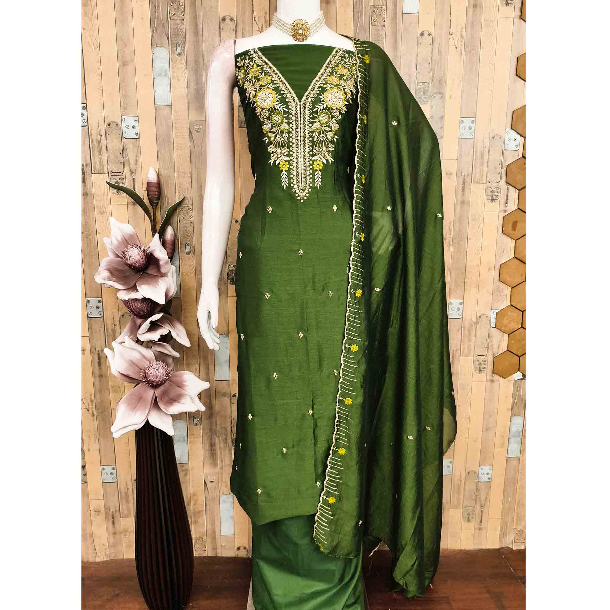 Green Premium Vichitra Silk Dress Material Featuring Delicate Floral Embroidered Detailing
