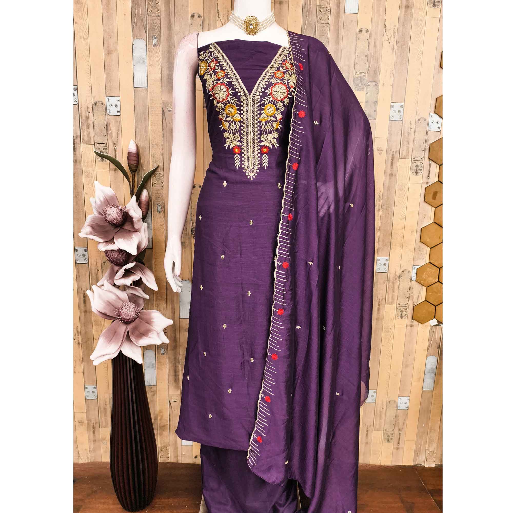 Purple Premium Vichitra Silk Dress Material Featuring Delicate Floral Embroidered Detailing