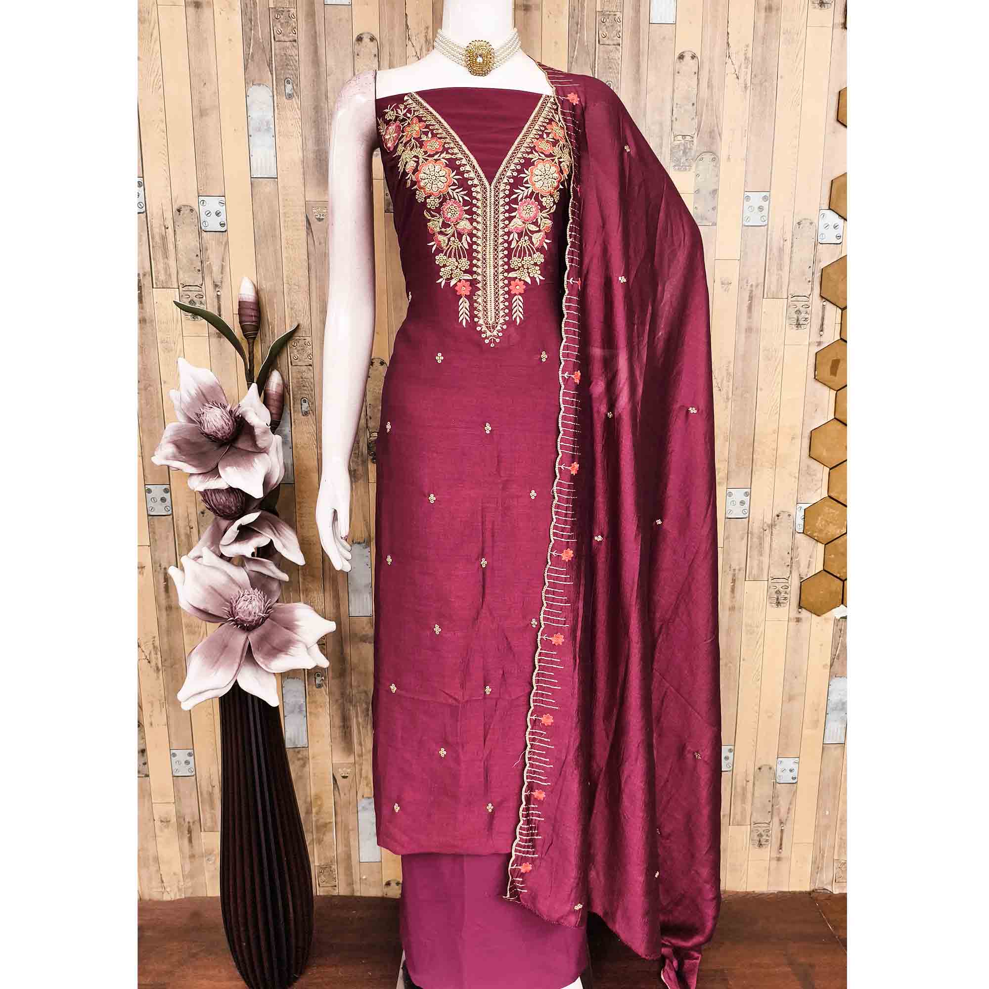 Wine Premium Vichitra Silk Dress Material Featuring Delicate Floral Embroidered Detailing