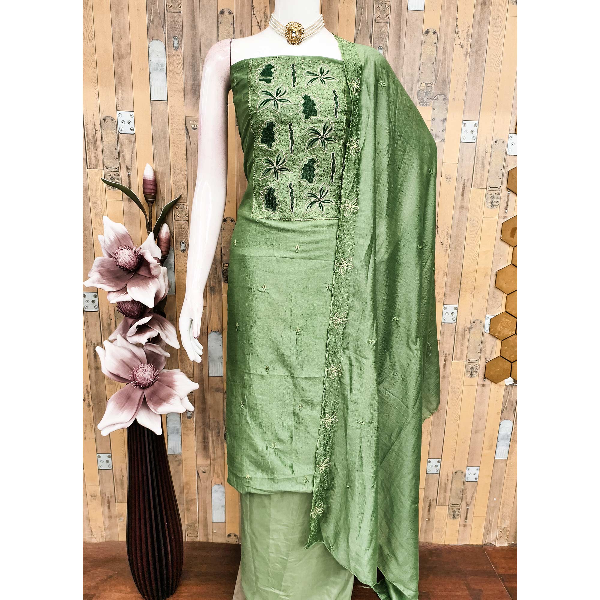 Green Floral Embroidery Enhanced Vichitra Silk Fabric Set for Stylish Traditional Outfits