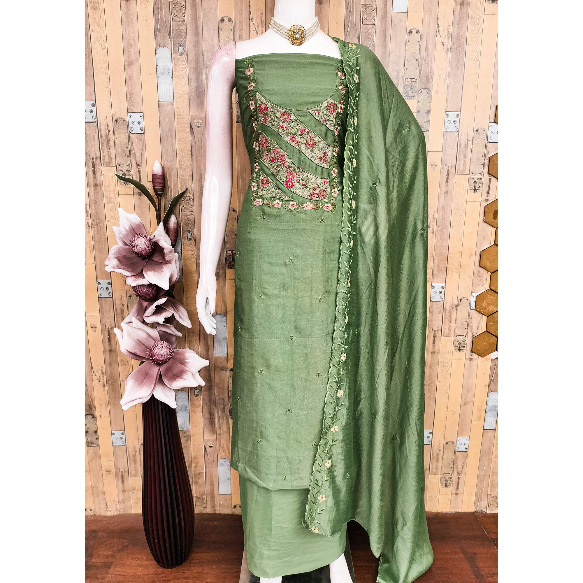 Green Embellished Vichitra Silk Dress Material with Graceful Floral Embroidery Work