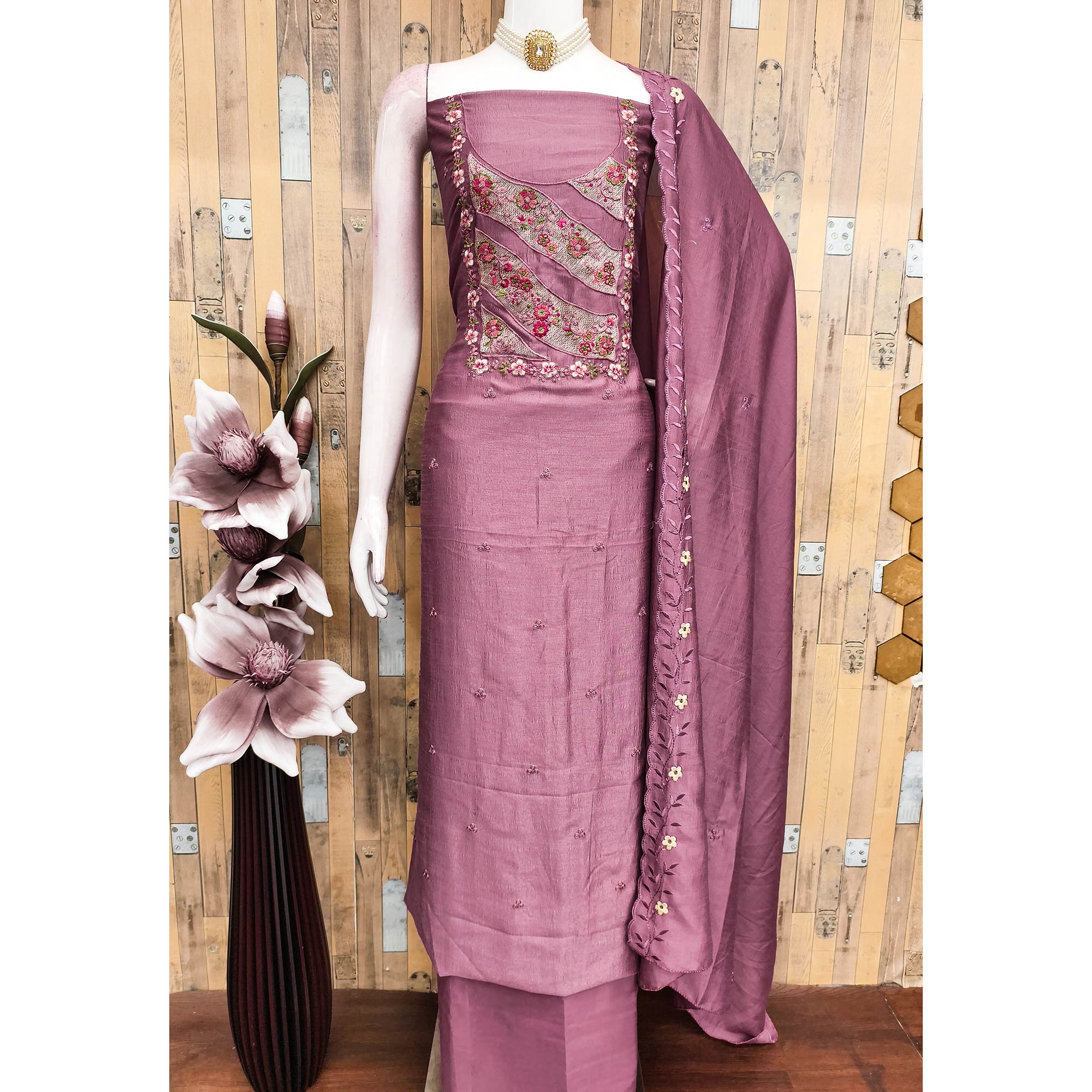 Mauve Embellished Vichitra Silk Dress Material with Graceful Floral Embroidery Work