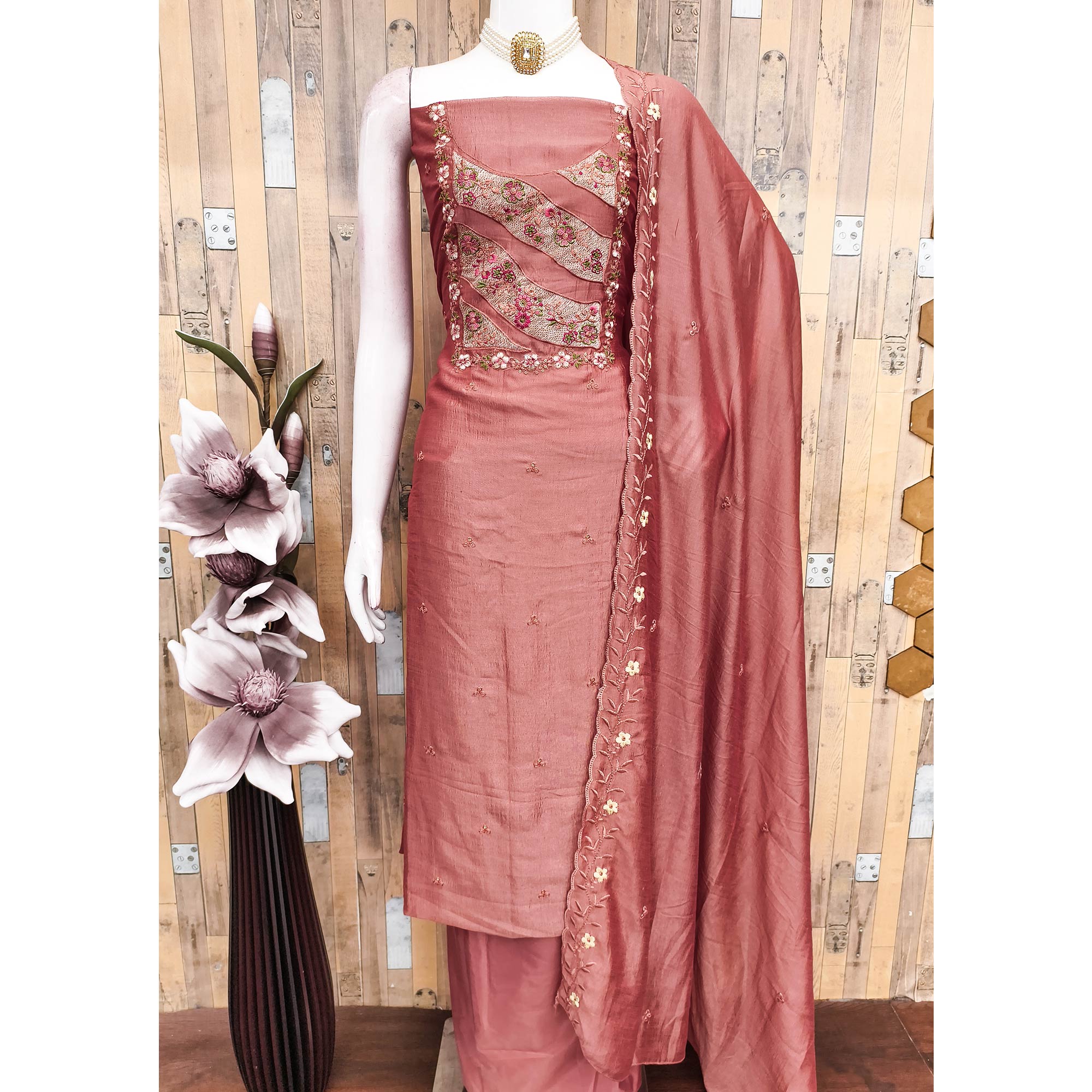 Peach Embellished Vichitra Silk Dress Material with Graceful Floral Embroidery Work