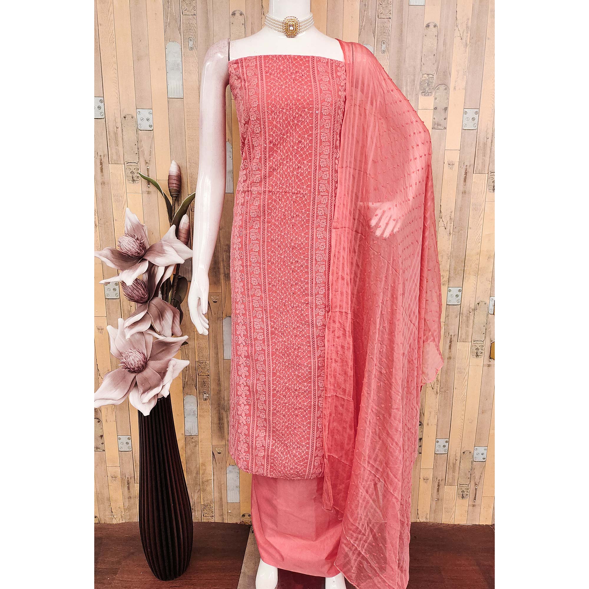 Elegant Coral Pink Floral Embroidered Georgette Dress Material With Delicate Sequins Accents